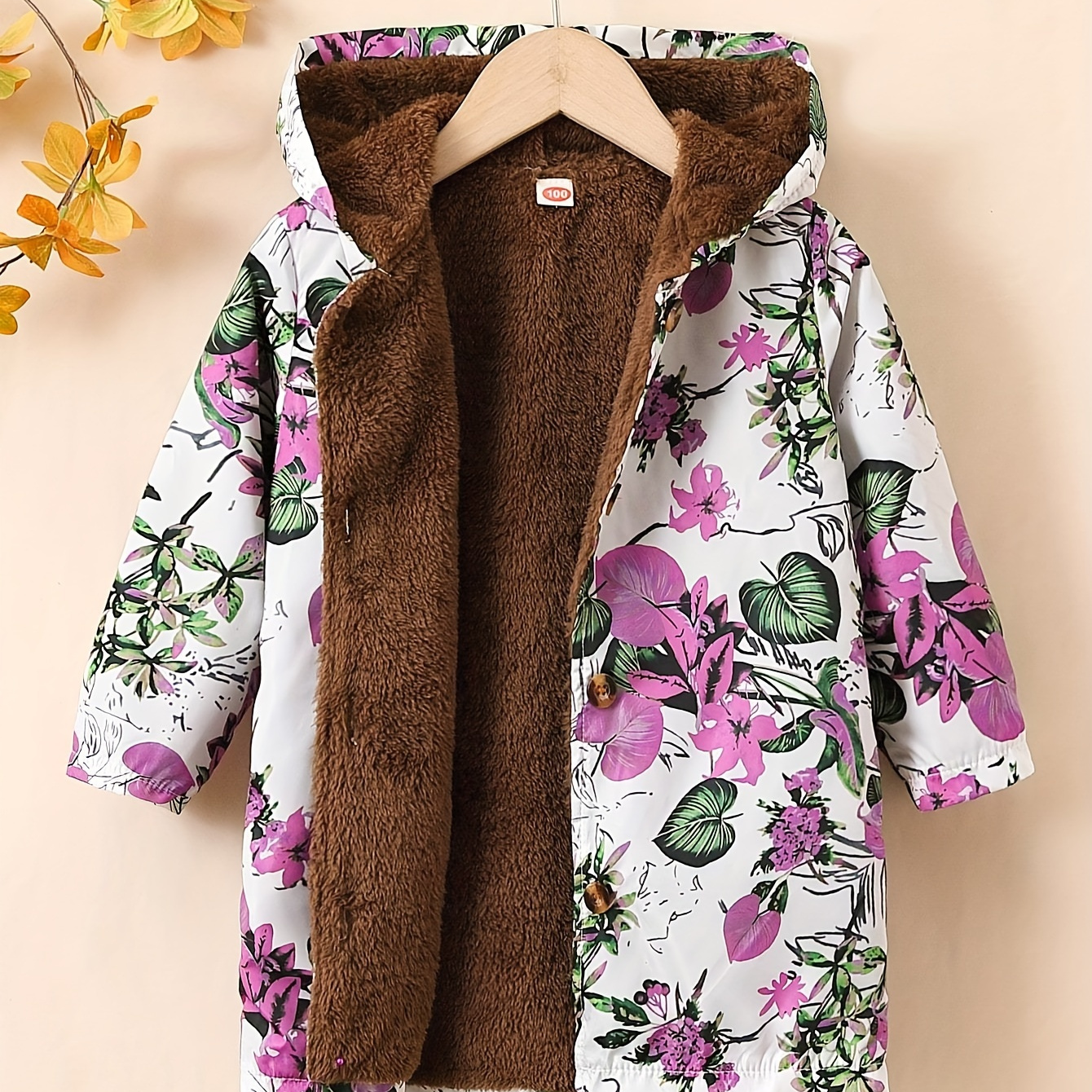 

Cozy Floral Print Teddy-lined Hooded Jacket For Girls - Long Sleeve, Button-up Outerwear Fall/winter Casual Wear