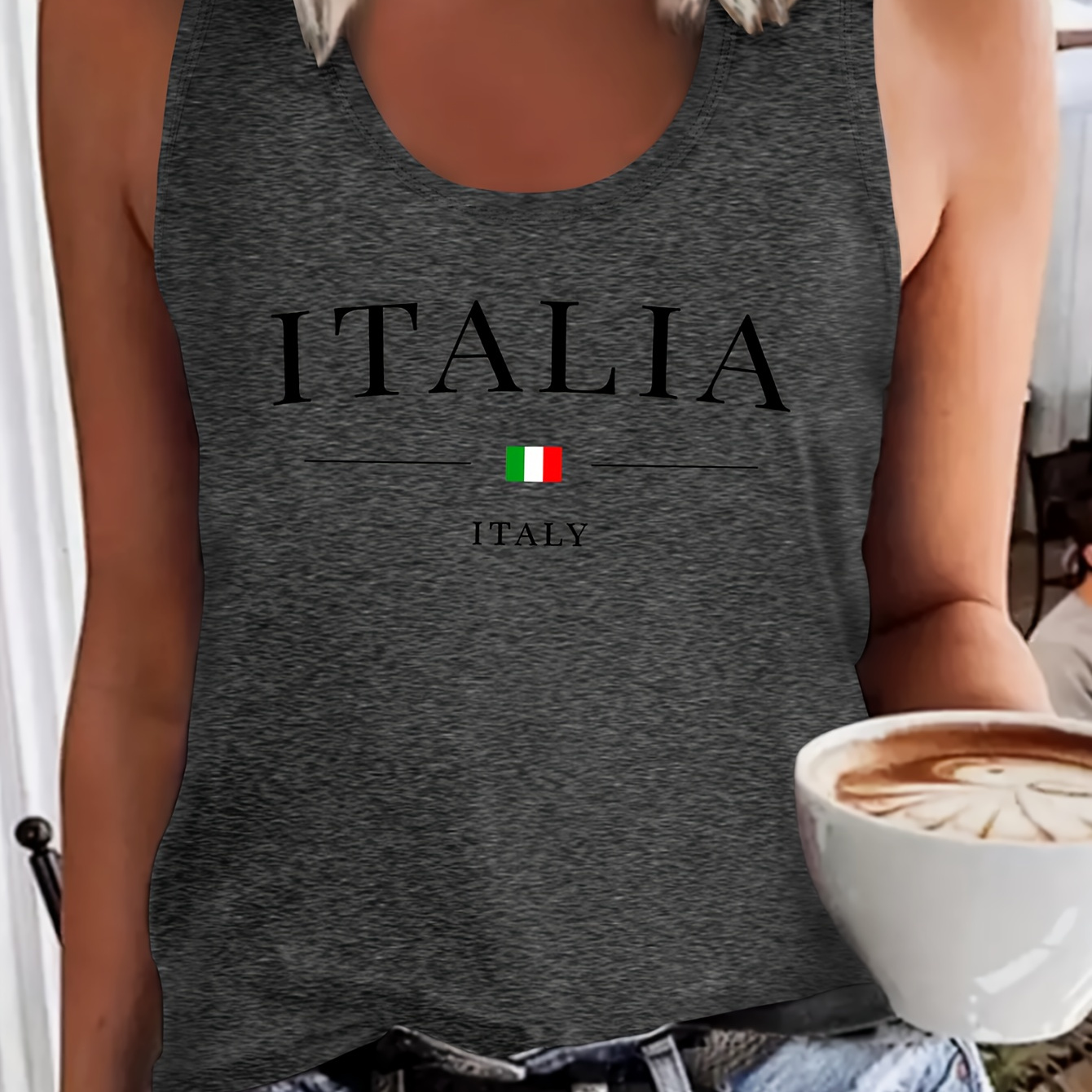 

Italia Print Tank Top, Sleeveless Casual Top For Summer & Spring, Women's Clothing