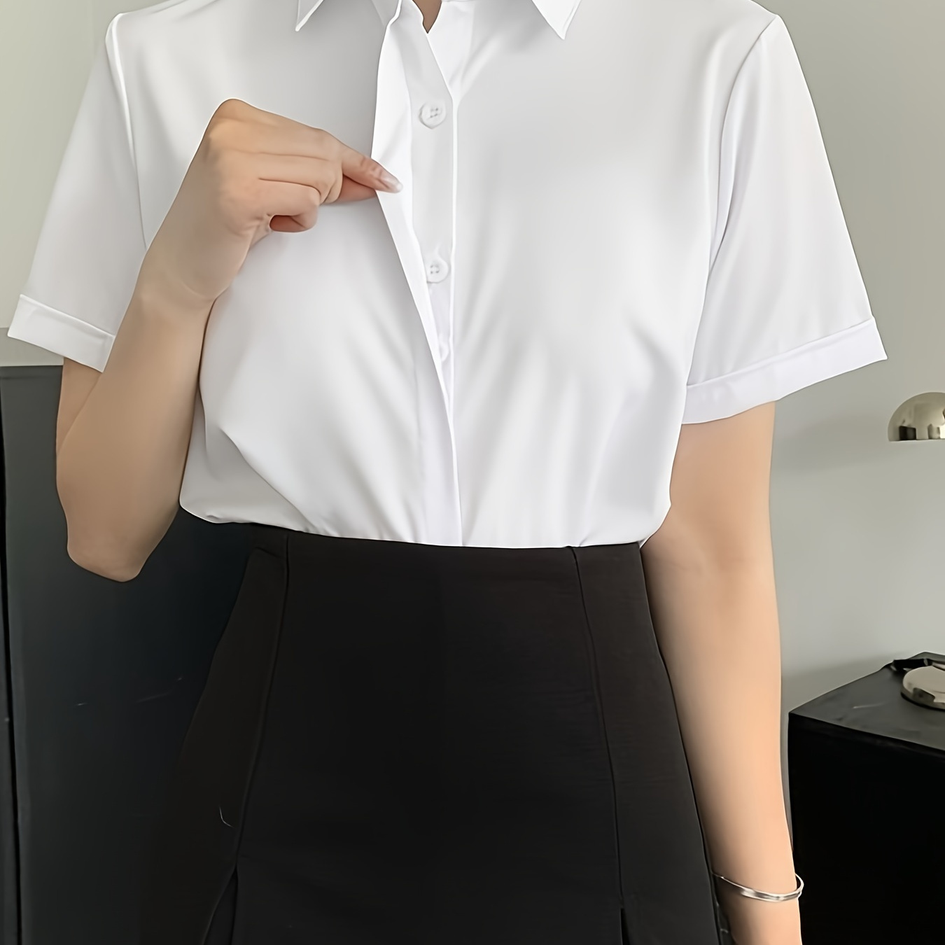 

Solid Hidden Button Simple Shirt, Versatile Short Sleeve Shirt For Office & Work, Women's Clothing