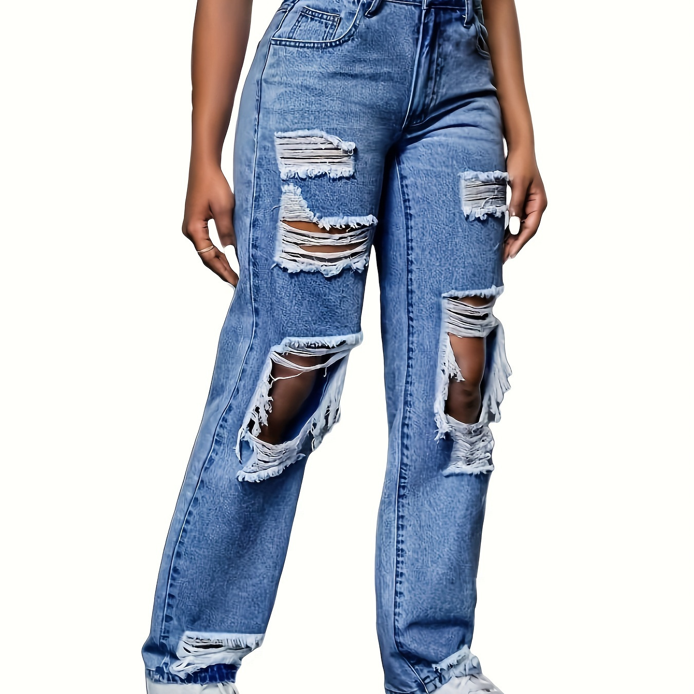 

Women's High Waist Jeans, Casual Loose Version Of Straight Leg Jeans, Casual Jeans, Women's Outdoor Jeans, Fashion Ripped Jeans For Women