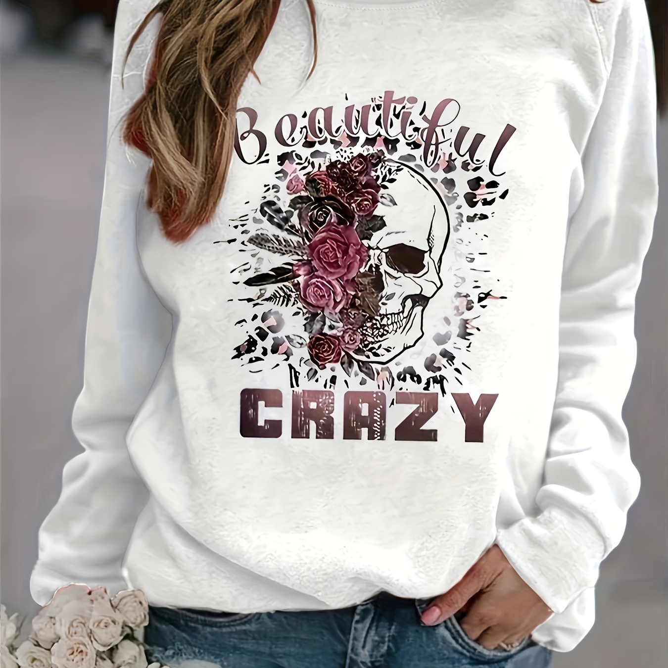 

Beautiful Crazy & Skull Print Sweatshirt, Casual Long Sleeve Crew Neck Sweatshirt, Women's Clothing