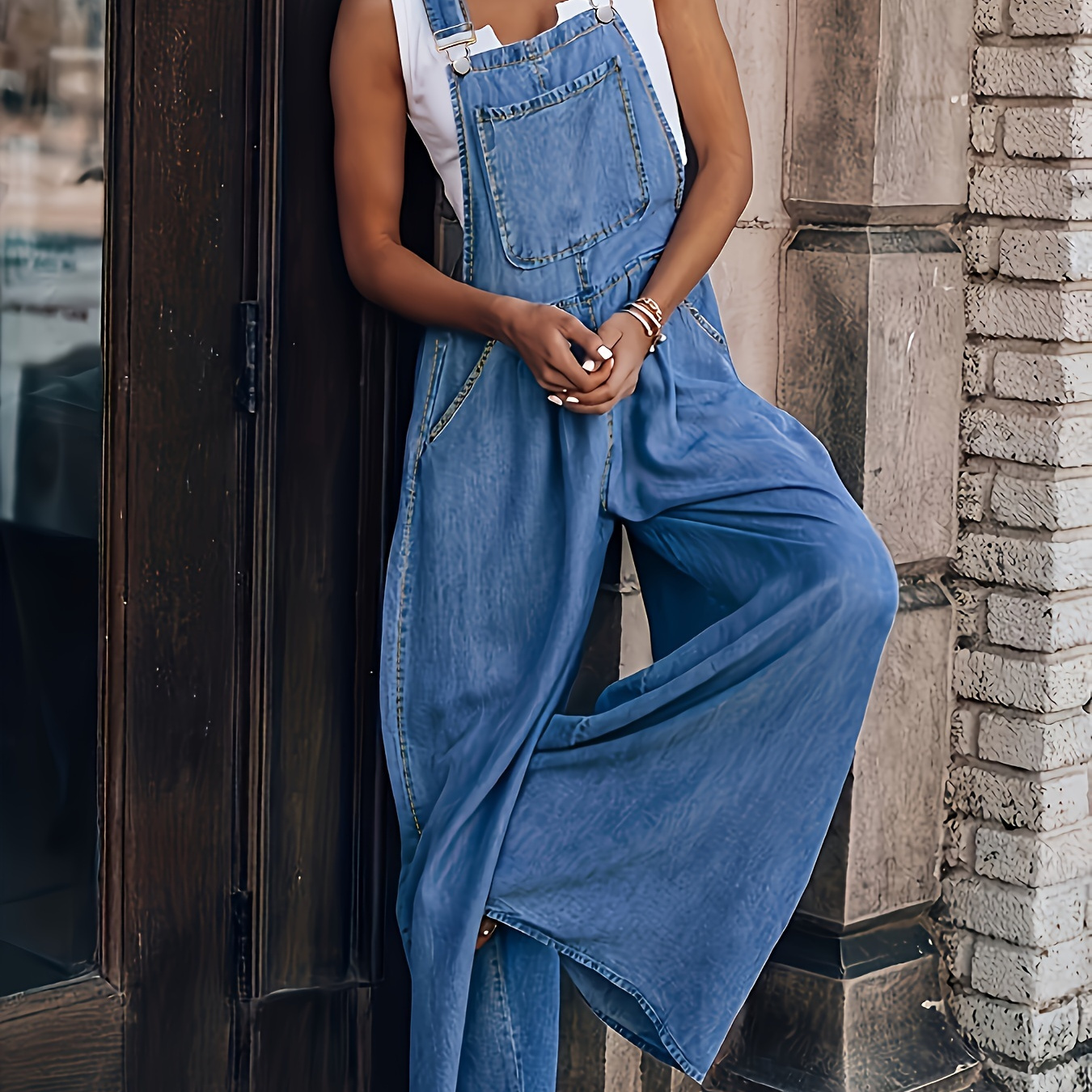 

Women's Casual Loose Sleeveless Denim Overalls With , Wide Leg Jumpsuit, Fashion Adjustable Strap For