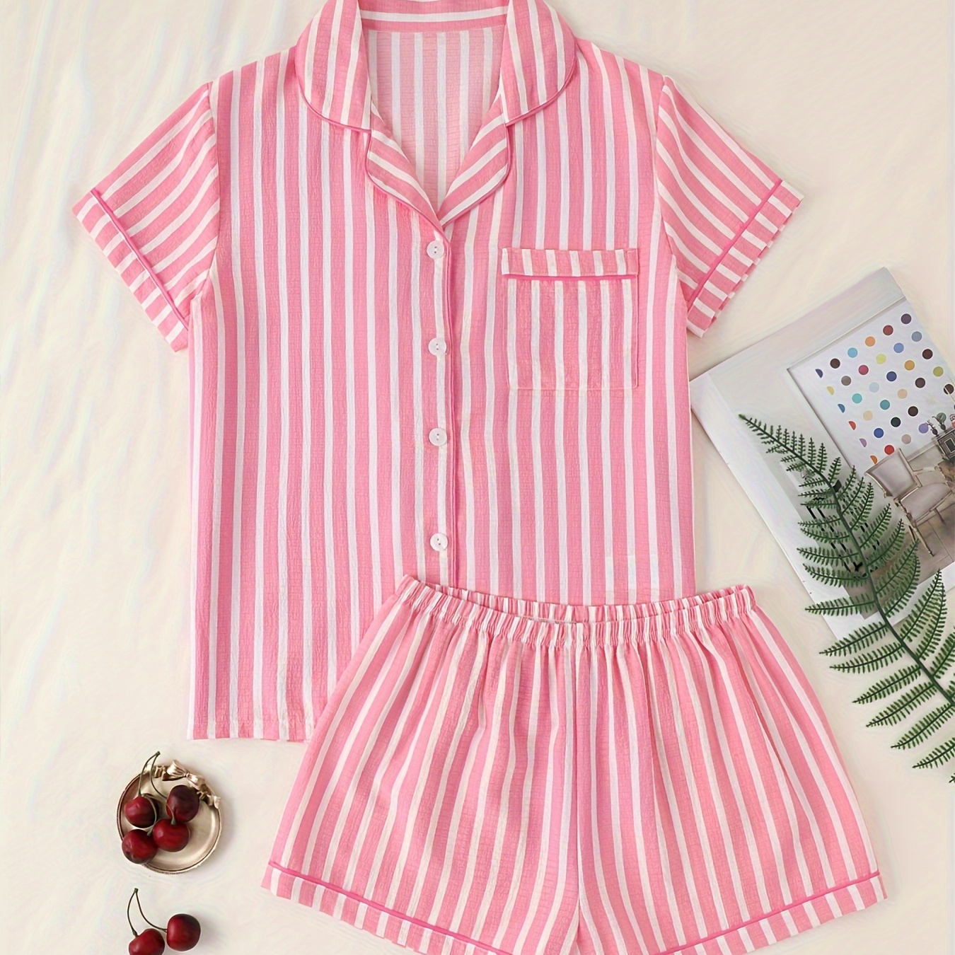 

Casual Stripe Print Textured Pajama Set, Short Sleeve Button Up Lapel Collar Top & Elastic Shorts, Women's Sleepwear & Loungewear