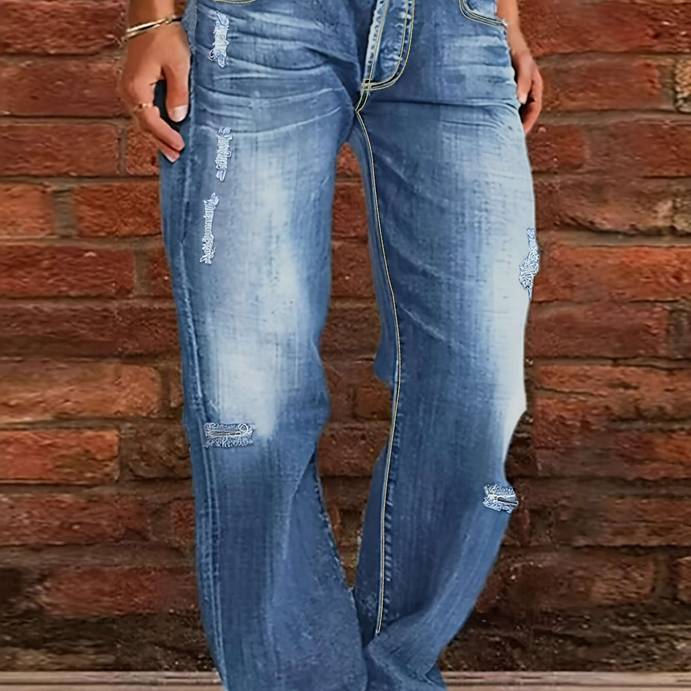 

Ripped Distressed Washed Blue Casual Style Zipper Button Closure Denim Pants, Women's Plus Size Denim Jeans & Clothing