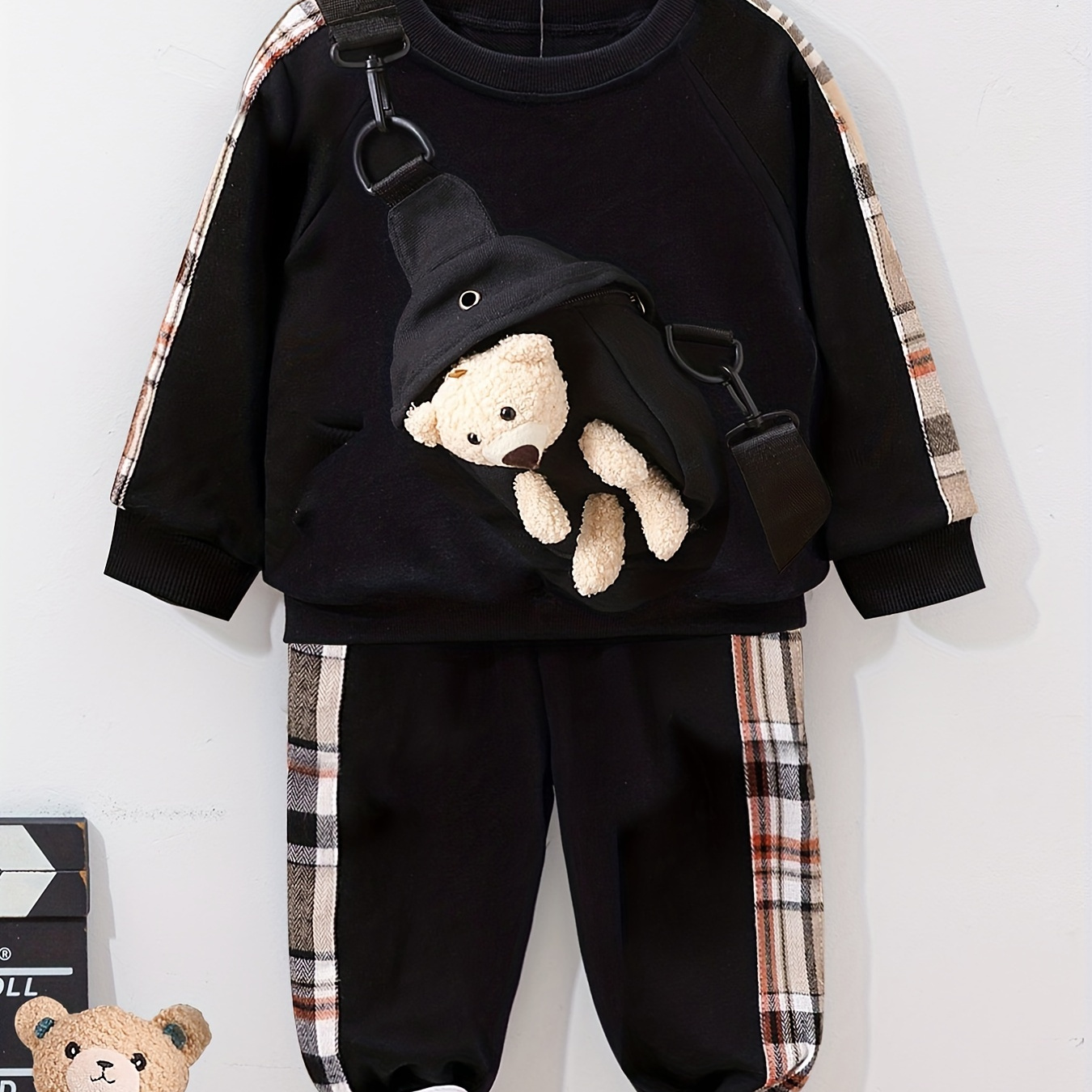 

3pcs Boys Casual Plaid Creative Long Sleeve Sweatshirt&sweatpants&bear Bag Sets, Kids Clothes