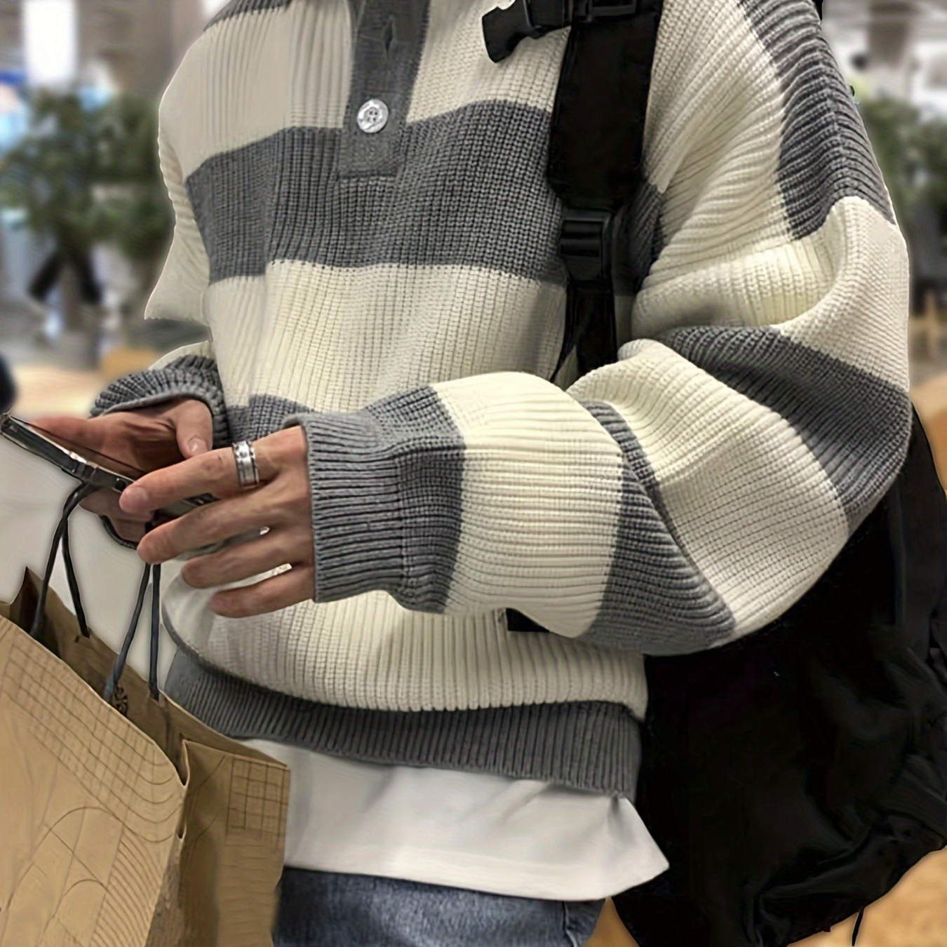 

Men's Striped Knit Sweater With Collar - Casual Long Sleeve, Ribbed Detail, Fall/winter, Casual Winter Wear|striped Pullover|chunky Knit Texture