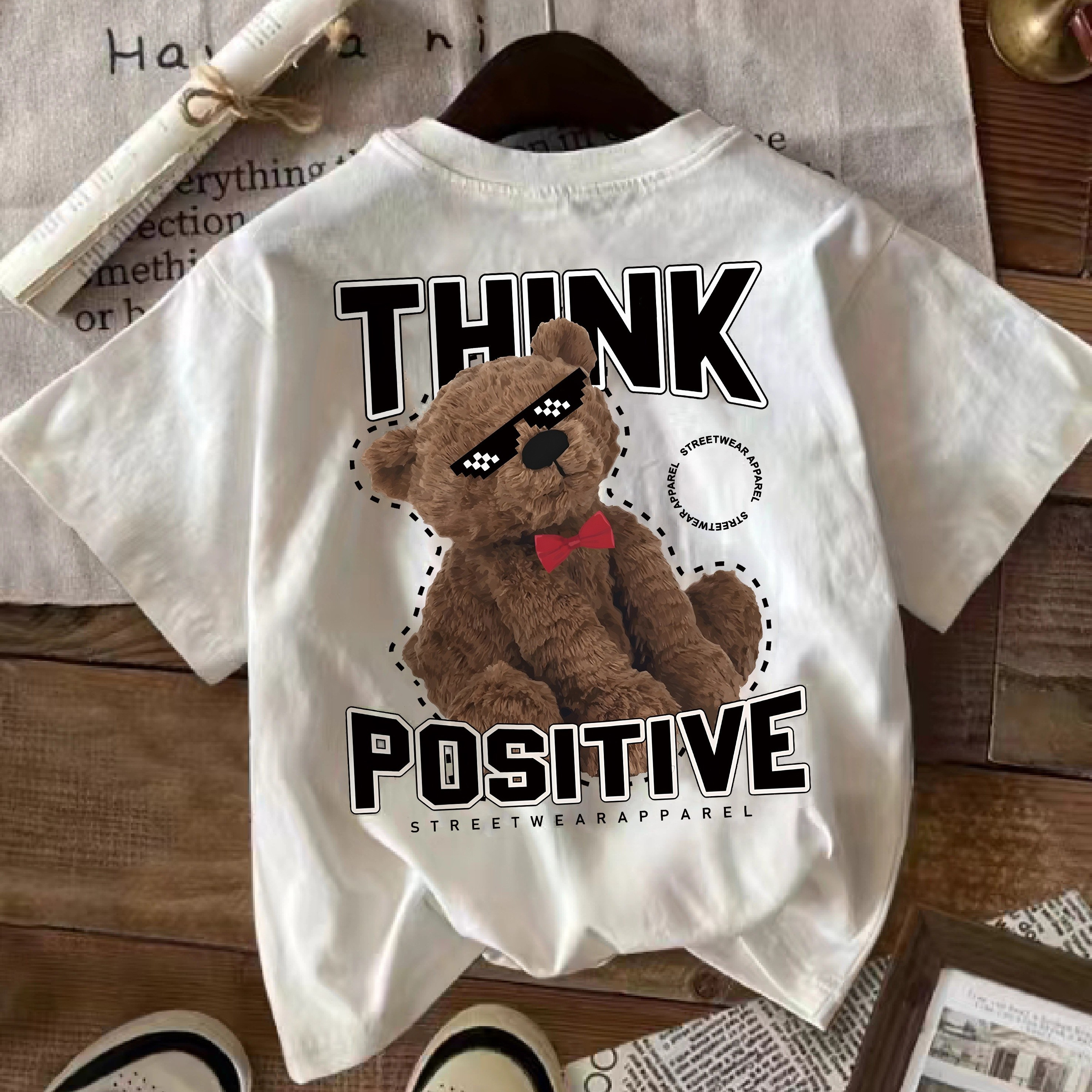 

Letter & Bear Print T-shirt, Short Sleeve Crew Neck Casual Top For Summer & Spring, Women's Clothing