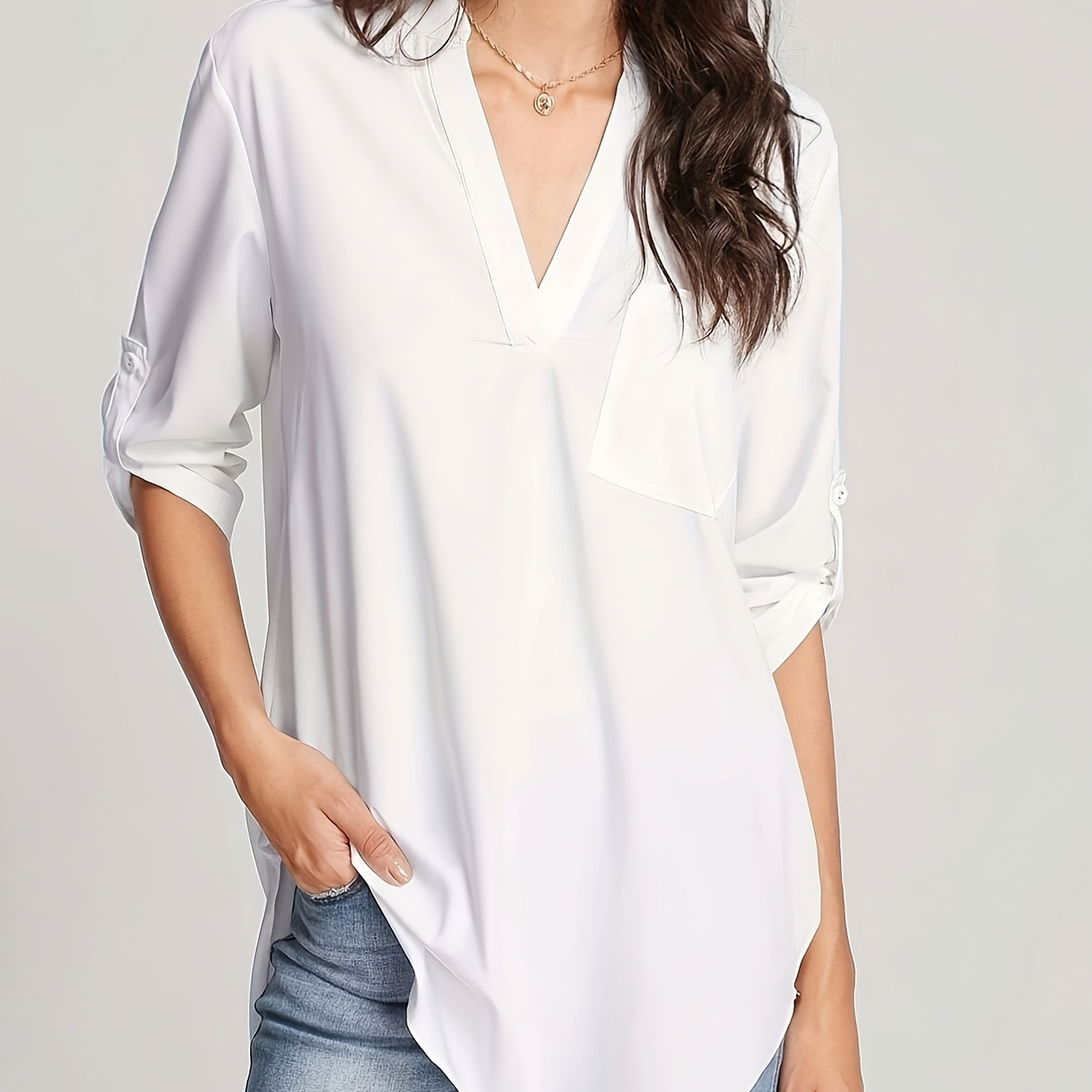 

Solid Rolled Sleeve Blouse, Elegant V Neck Blouse For Spring & Summer, Women's Clothing