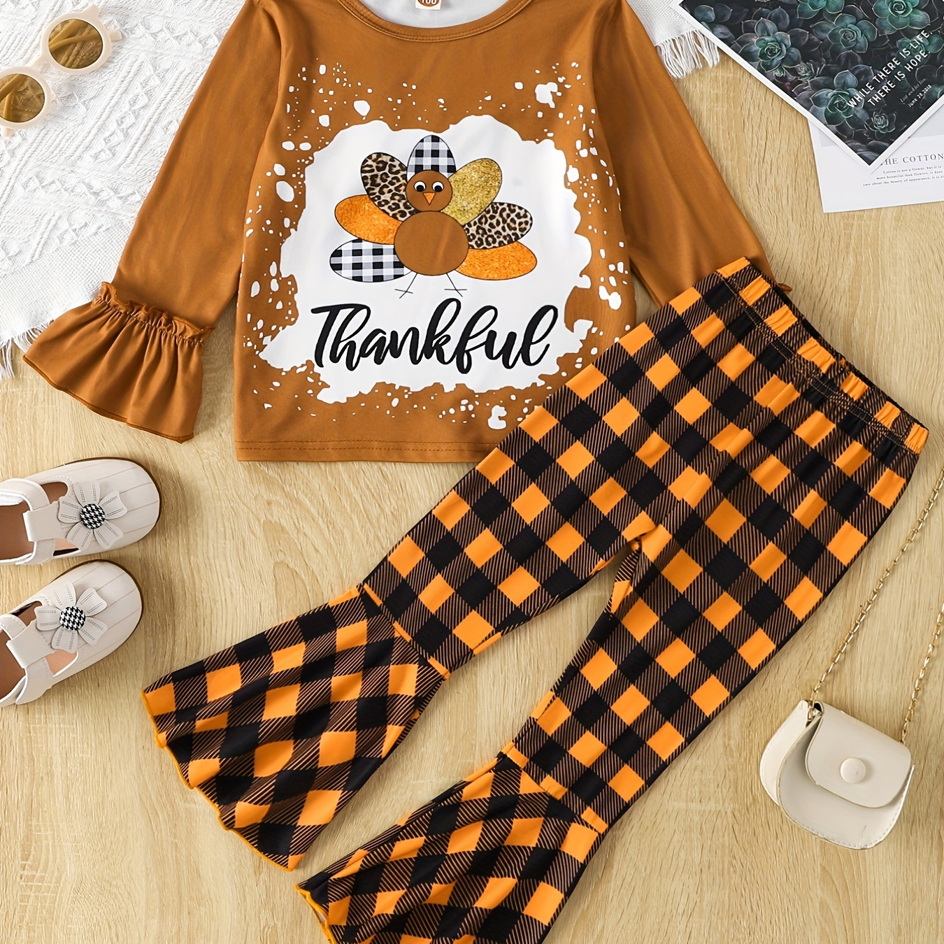 

Girl's Thanksgiving Style Outfit 2pcs, Turkey Print Long Sleeve Top & Flared Pants Set, Kid's Clothes For Spring Fall Gift