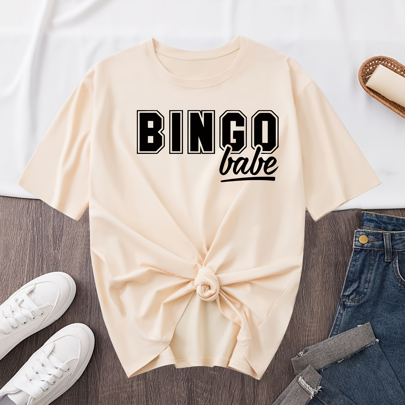 

Plus Size Letter Bingo Print T-shirt, Casual Short Sleeve Top For Spring & Summer, Women's Plus Size Clothing