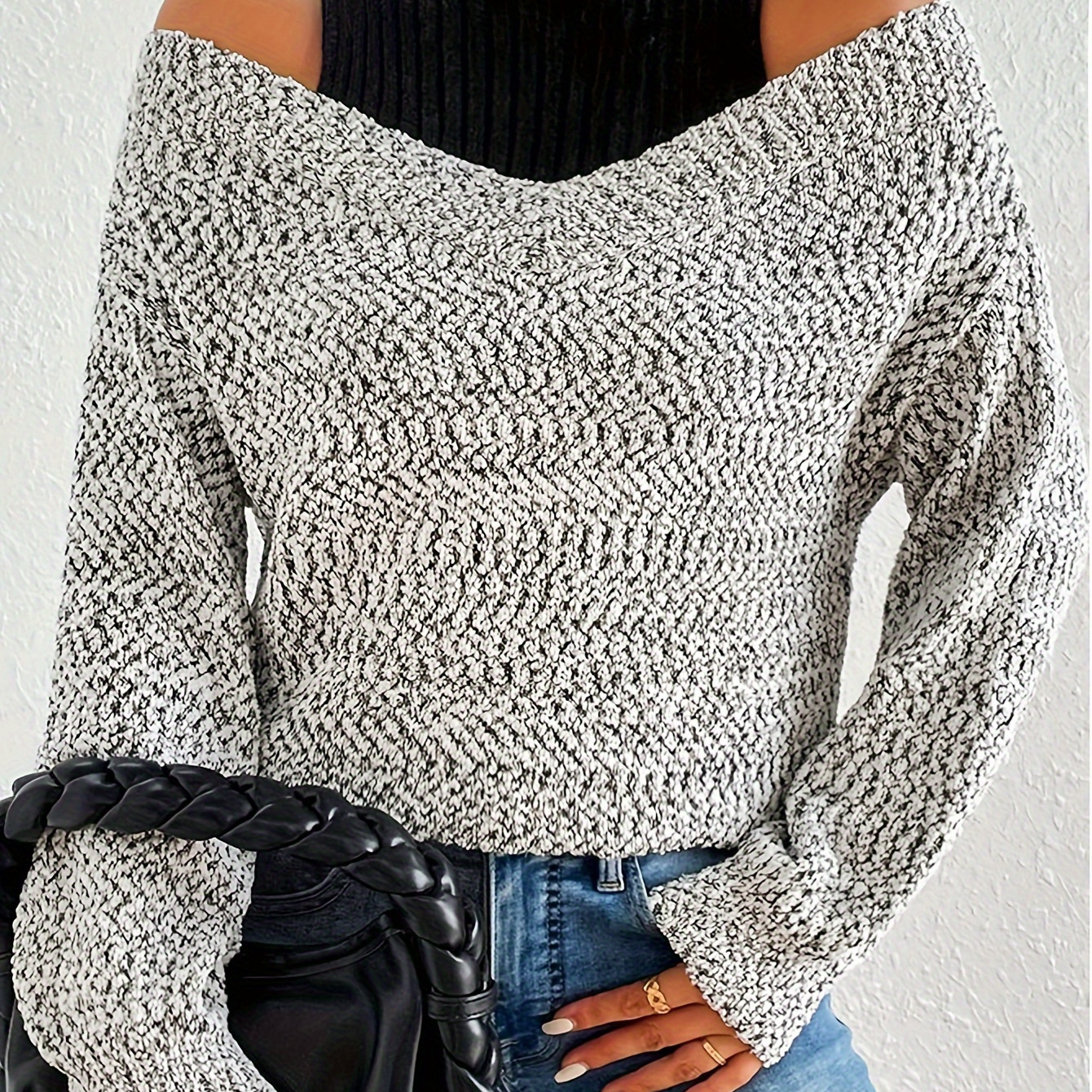 

Cold Shoulder Mock Neck Color Block Sweater, Elegant Long Sleeve Sweater For Fall & Winter, Women's Clothing