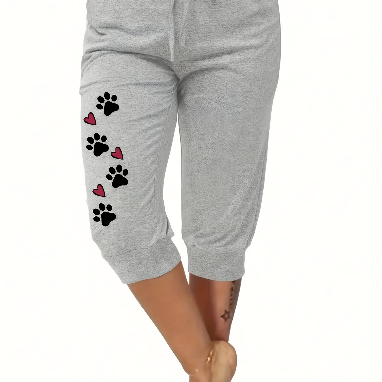 

Plus Size Paw & Heart Print Fitted Bottom Capri Joggers, Casual High Waist Pants For , Women's Plus Size Clothing