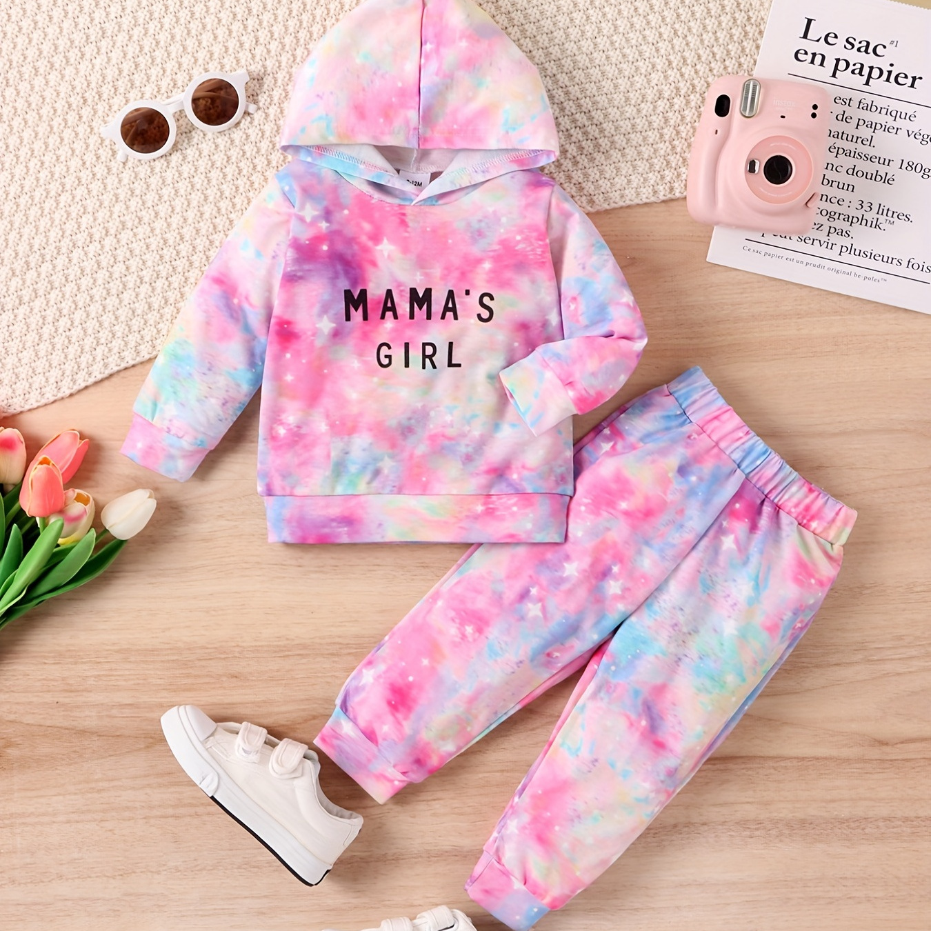 

2pcs Girl's Nebula Tie-dye Outfit, Sweatshirt & Sweatpants Set, Mama' Girl Print Long Sleeve Top, Toddler Kid's Clothes For Spring Fall Winter