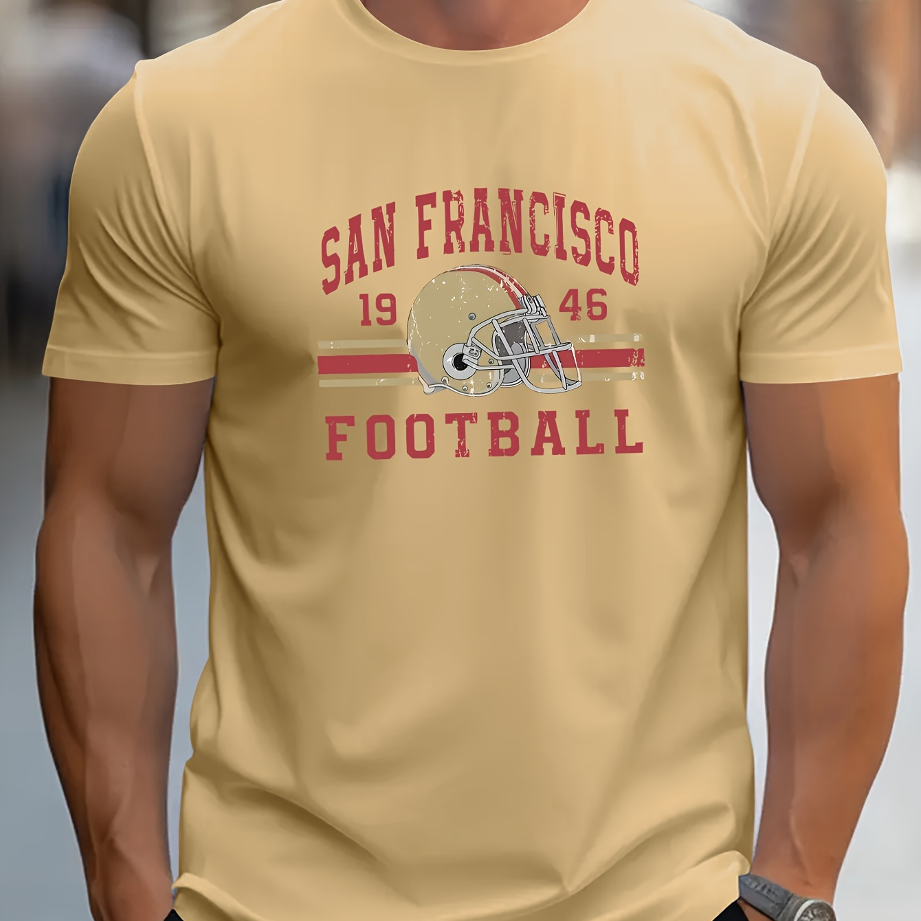 

1946 San Francisco Football Print Casual Short-sleeved T-shirt For Men, Spring And Summer Trendy Top, Comfortable Round Neck Tee, Regular Fit, Versatile Fashion For Everyday Wear