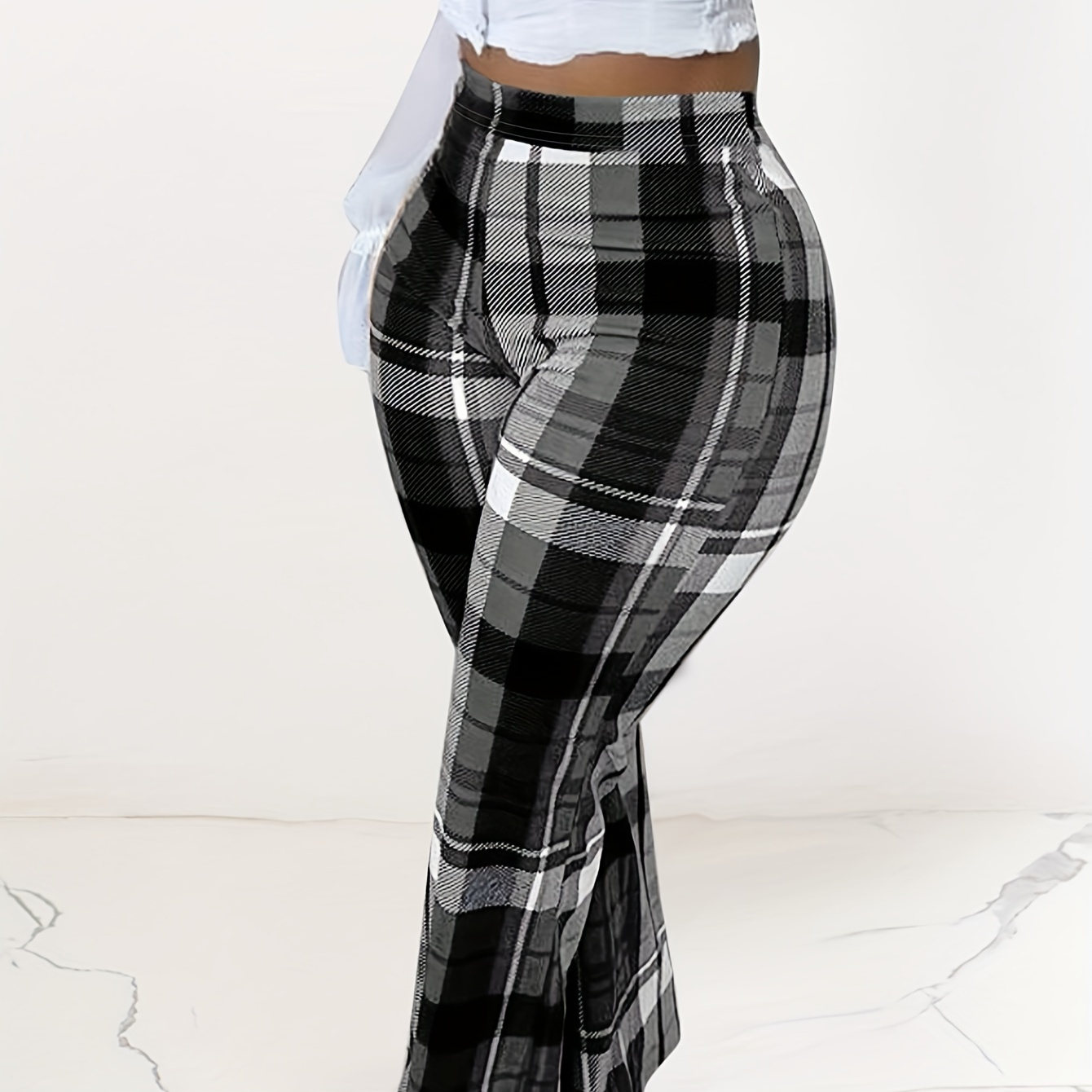 

Elegant Flare Leg Plaid Pants For Women, Polyester Knit Fabric With Elastane, All-season Plaid Bell Bottom Trousers, Chic Middle East Collection