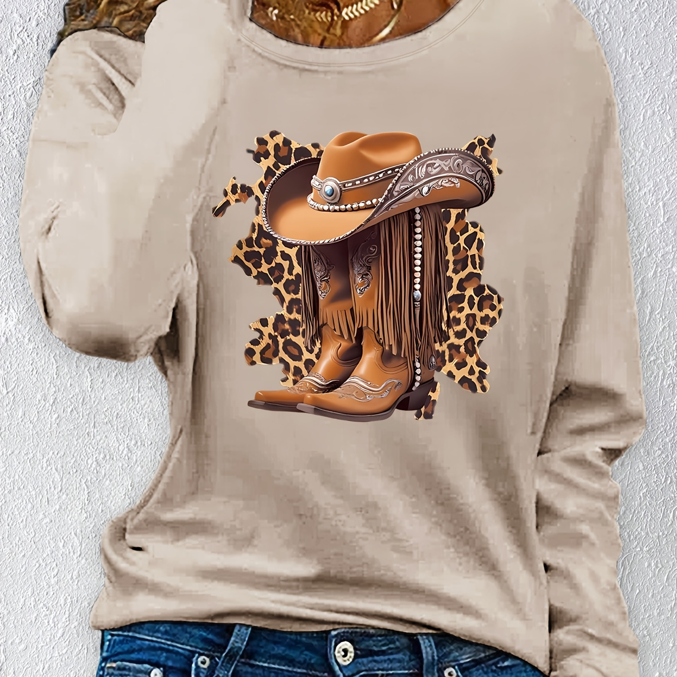 

Women's Western Cowboy Graphic T-shirt, Long Sleeve Crew Neck Casual Top, 100% Polyester Knit Fabric, Applique Detail, All Season Wear