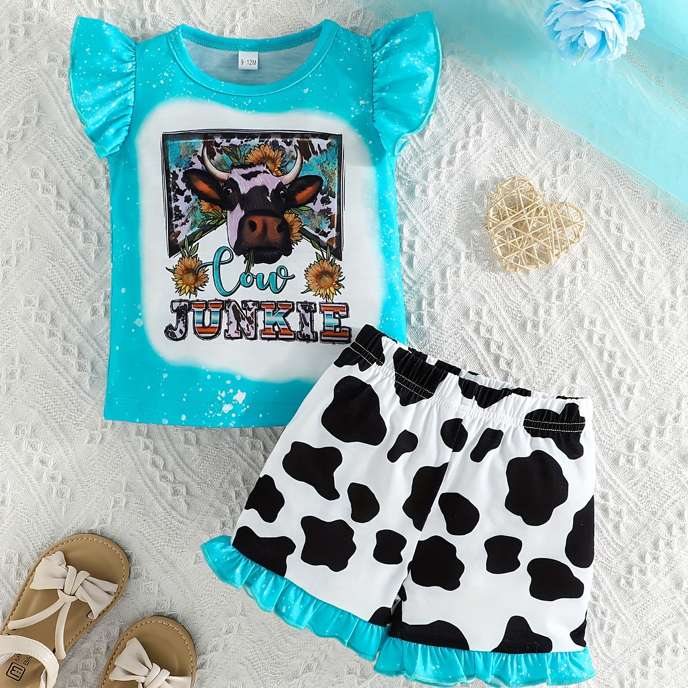 

Baby Girls Casual Summer 2pcs Suit, Flying Sleeve Cute Cartoon Cow Pattern Letter Print Pullover Top + Cow Print Shorts Set For Baby Girls