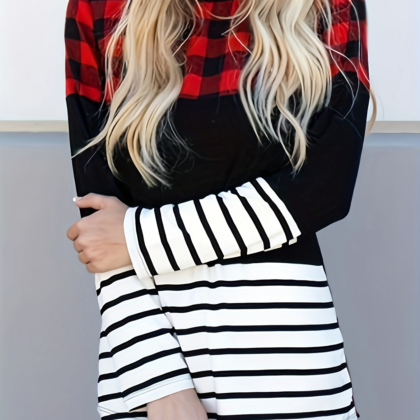 

Autumn New Women's Striped Patchwork Top Checkered Long Sleeved T-shirt