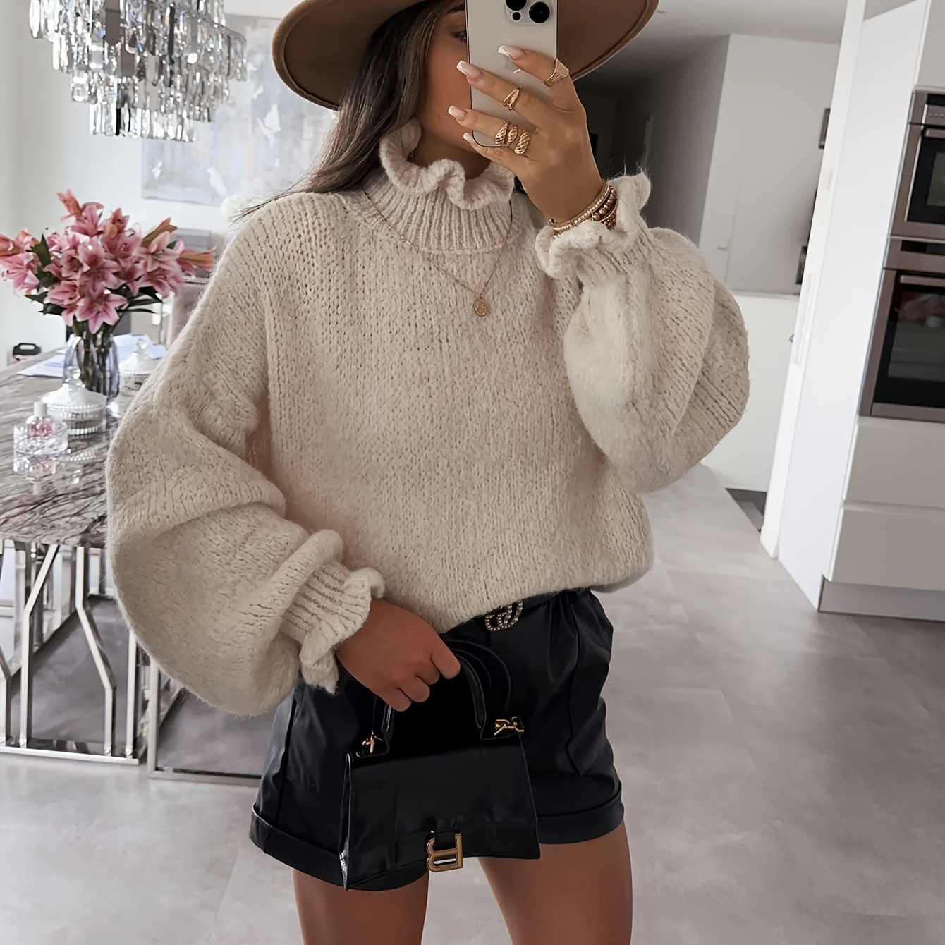 

Women's Casual High Neck Long Sleeve Knit Pullover Sweater, Solid Color, Regular Fit, With Lettuce Trim Detail, In Polyester For Fall/winter Collection