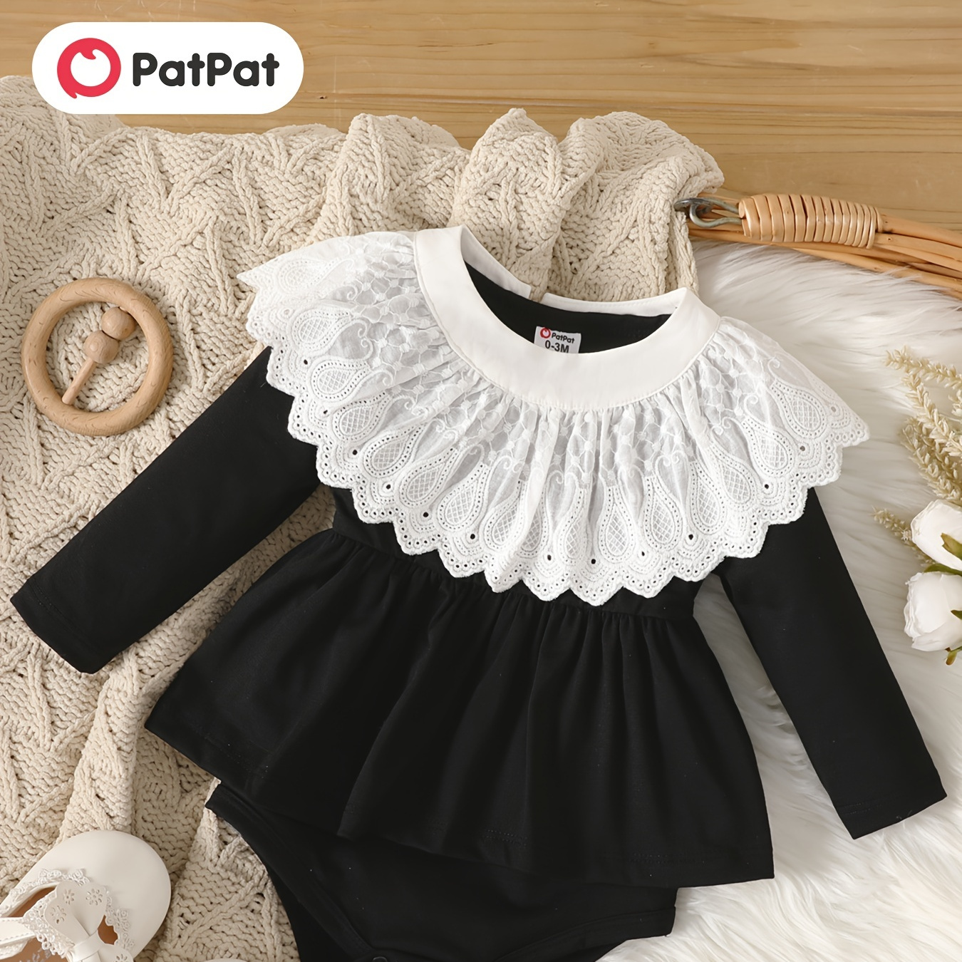 

Patpat Baby Girl Vintage Classic Solid Color Ruffle Trim Lawyer Style Long Sleeve Romper