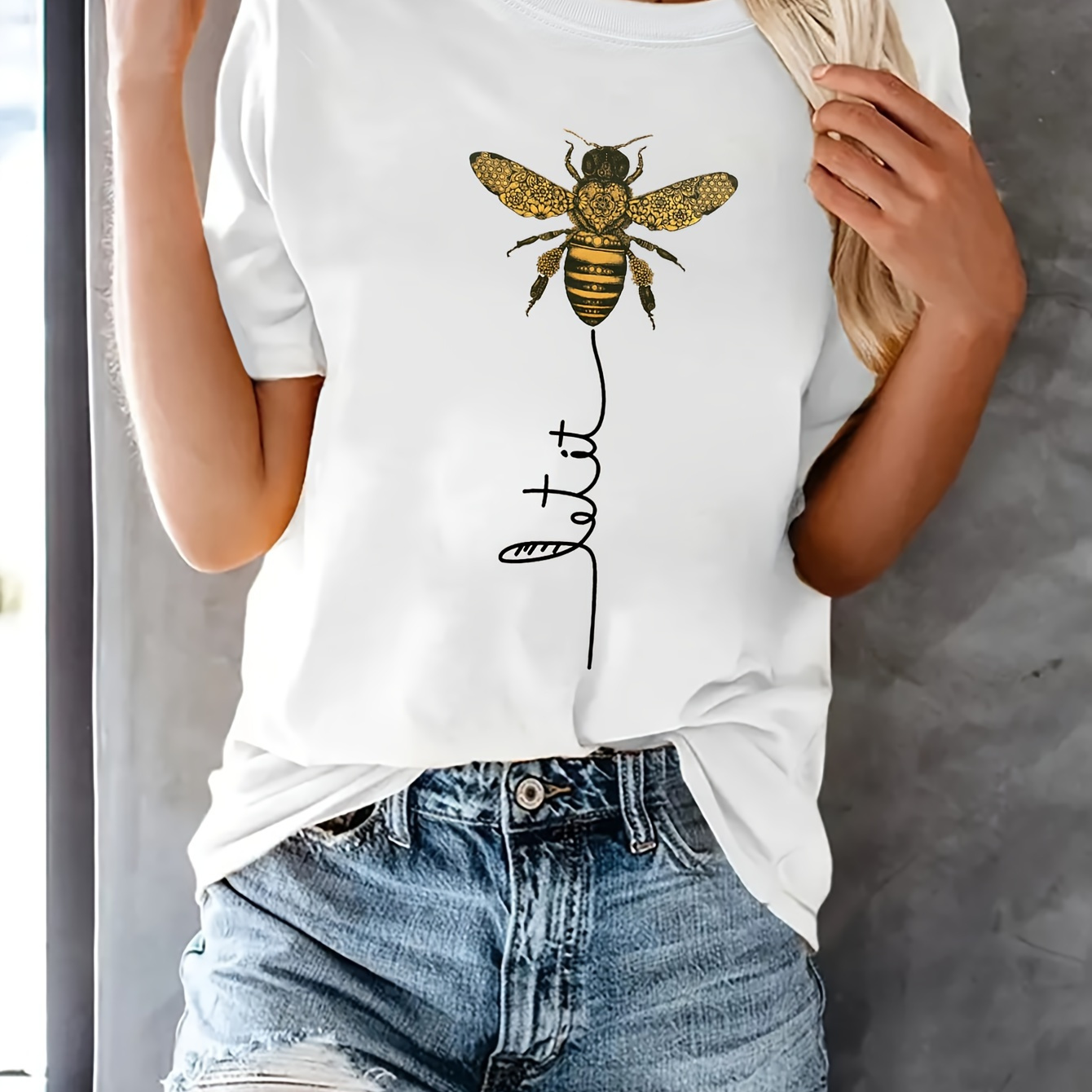 

Bee Kind Belief Print Crew Neck T-shirt, Casual Loose Short Sleeve Summer T-shirts Tops, Women's Clothing