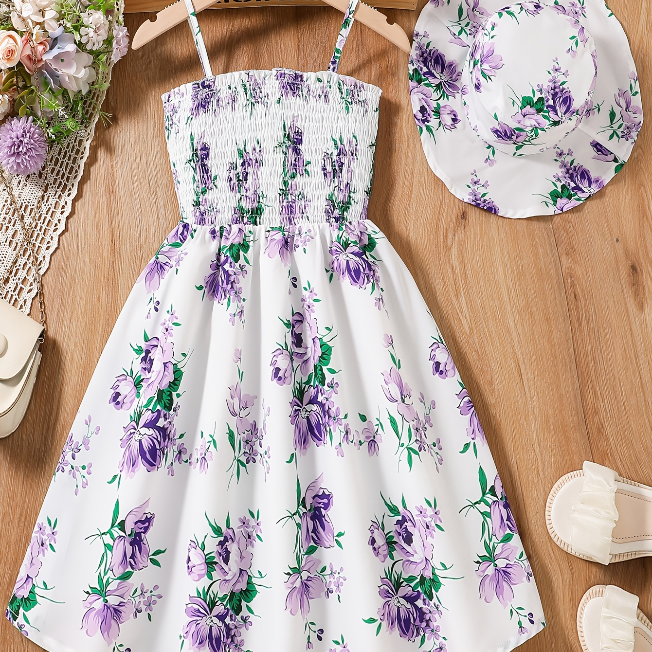 purple and white summer dress SHEIN Teen Girls' Purple & White Floral Print Organza Puff Sleeve Hollow Out A-Line Dress,Elegant Summer Birthday Party Dress,Charming Lilac Garden Dress