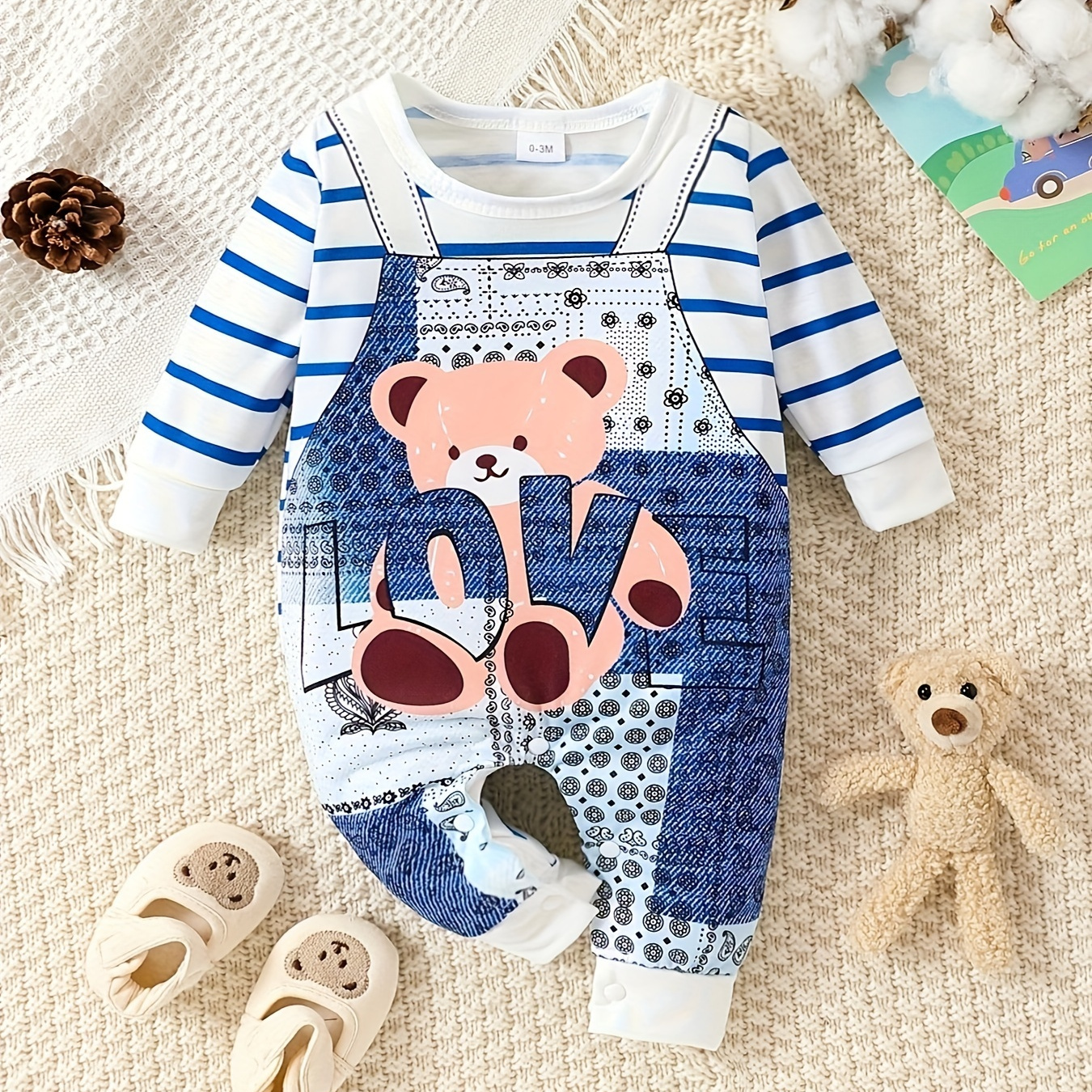 

Autumn Baby Boy Fashion Fake Two-piece Cashew Flower Bear Love Pattern Soft Long-sleeved Jumpsuit