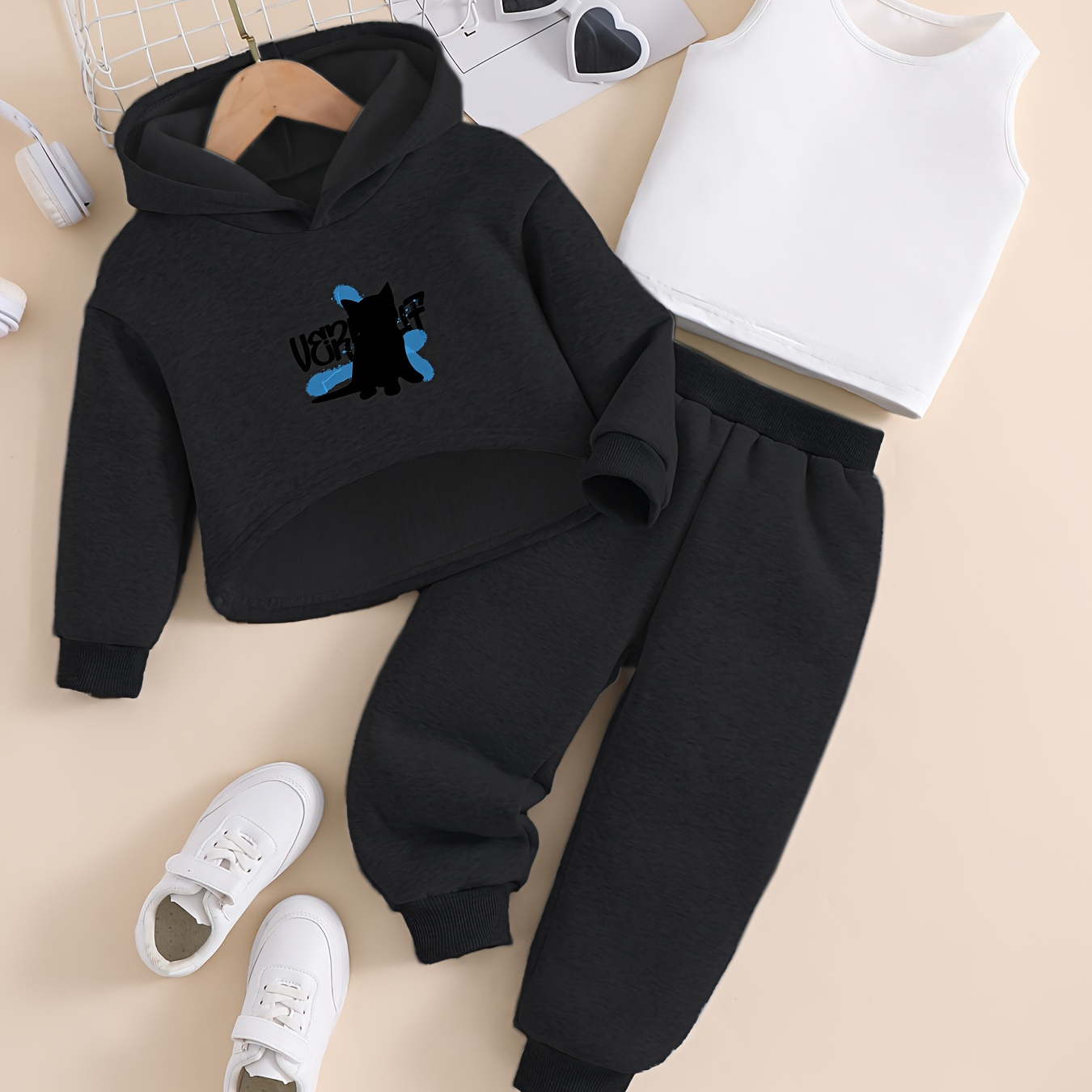 

Trendy Girl's Warm Sports Suits 3pcs, Cartoon Black Cat Pattern Hoodie & Solid Tank Top & Jogger Pans Comfy Sets Kids Clothes Autumn Winter