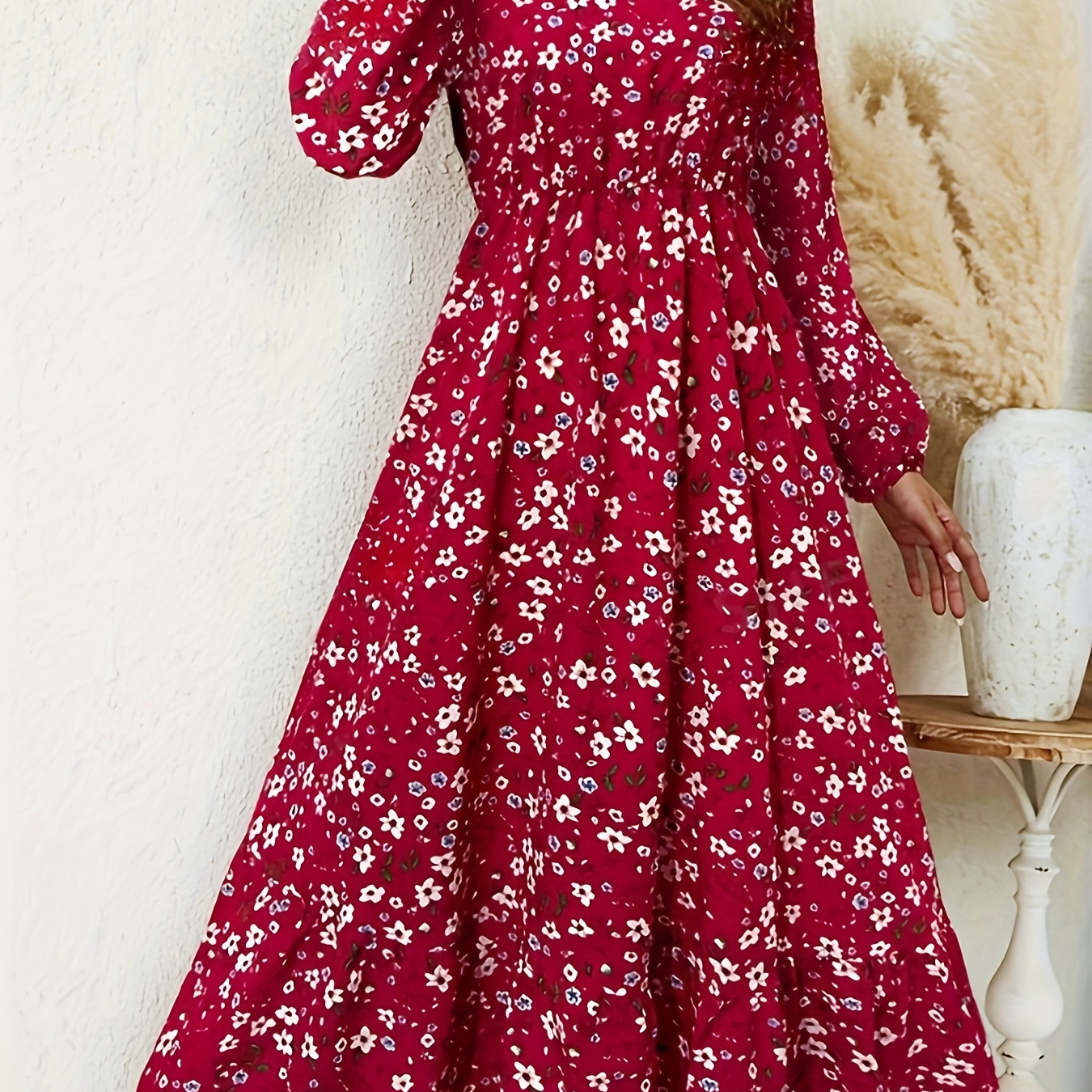 

Floral Neck A-line Dress, Elegant Long Sleeve Dress For Spring & Fall, Women's Clothing