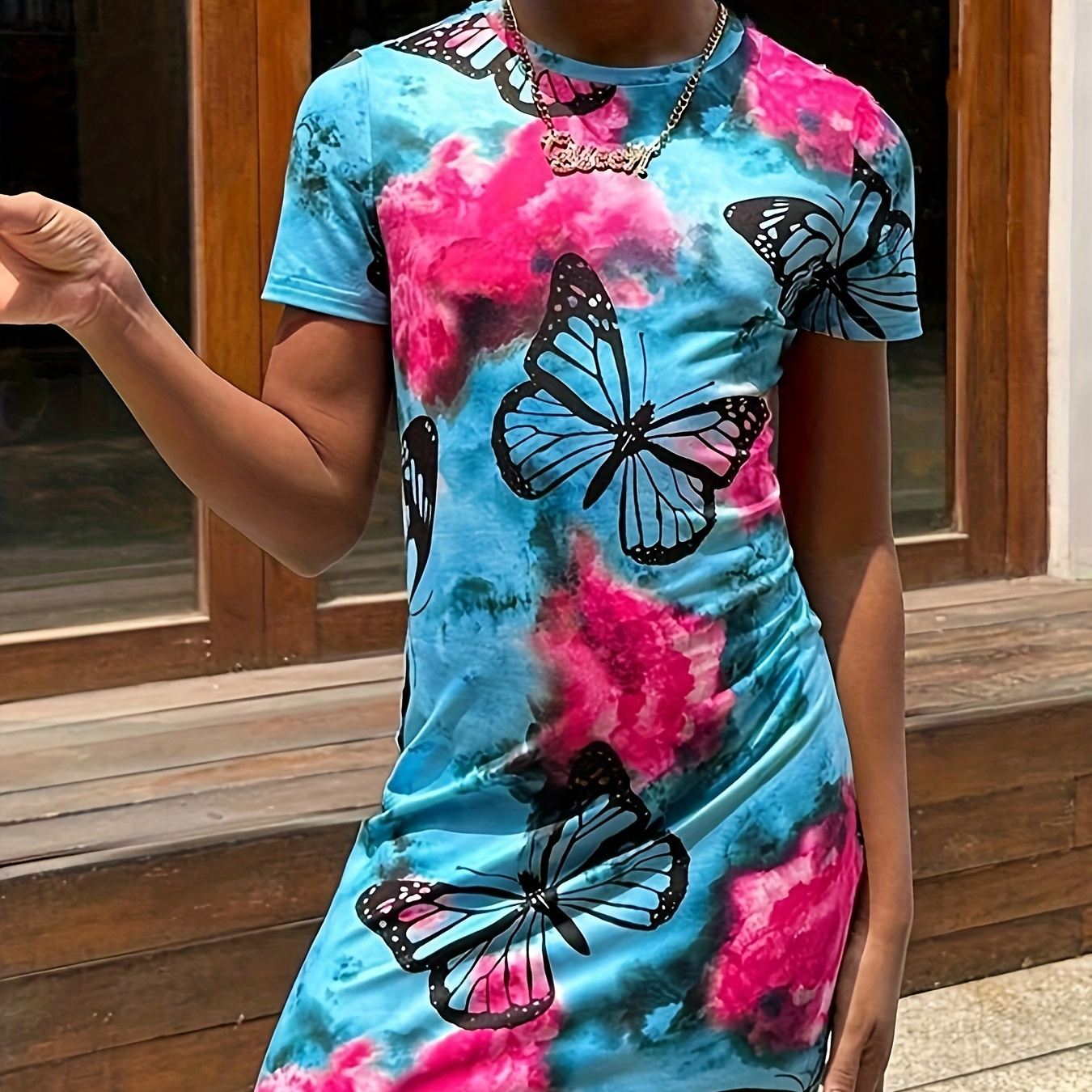 

Girls Chic Butterflies Pattern Bodycon Short Sleeve T-shirt Dress