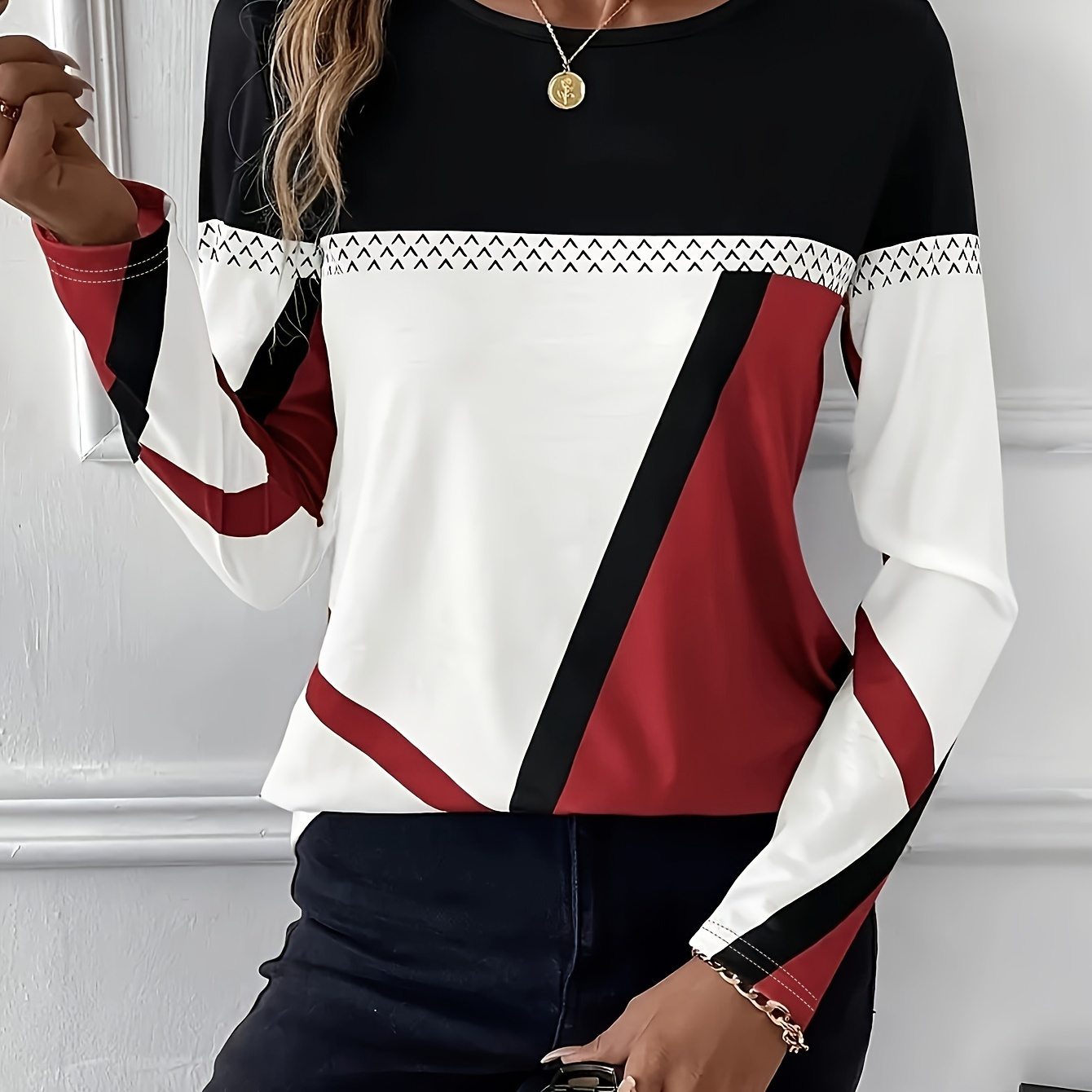 

Women' Casual Geometric Color-blocking Print Round Neck Long Sleeve Top T-shirt