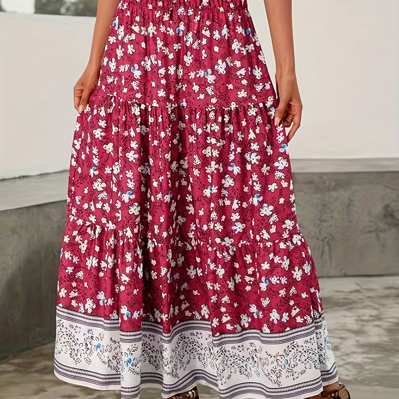 

Jupe longue bohème à imprimé floral et colorblock, parfaite pour le printemps et l'automne, vêtement pour femme