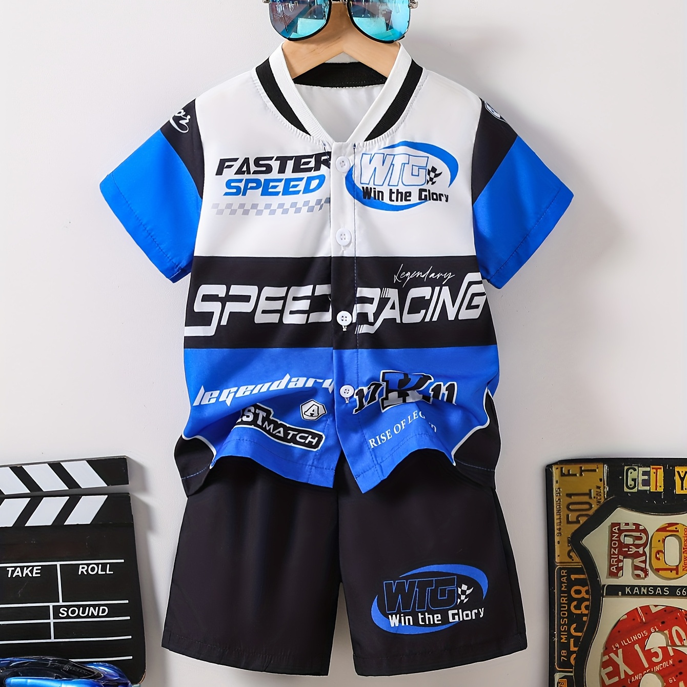 2pcs Boys Casual Motorcycle Style Shirt & Shorts Set