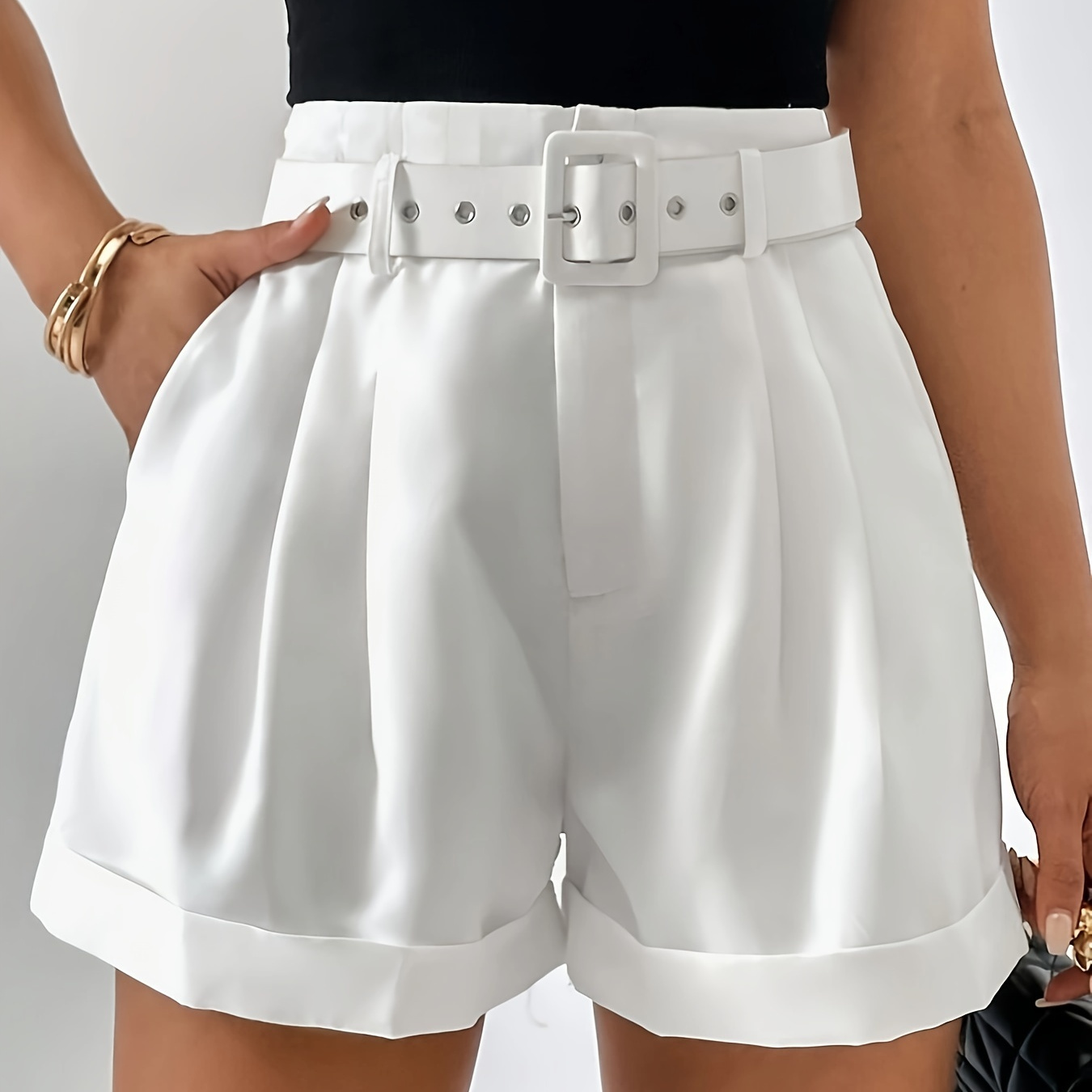

Solid High Waist Shorts, Elegant Dual Pockets Shorts For Spring & Summer, Women's Clothing