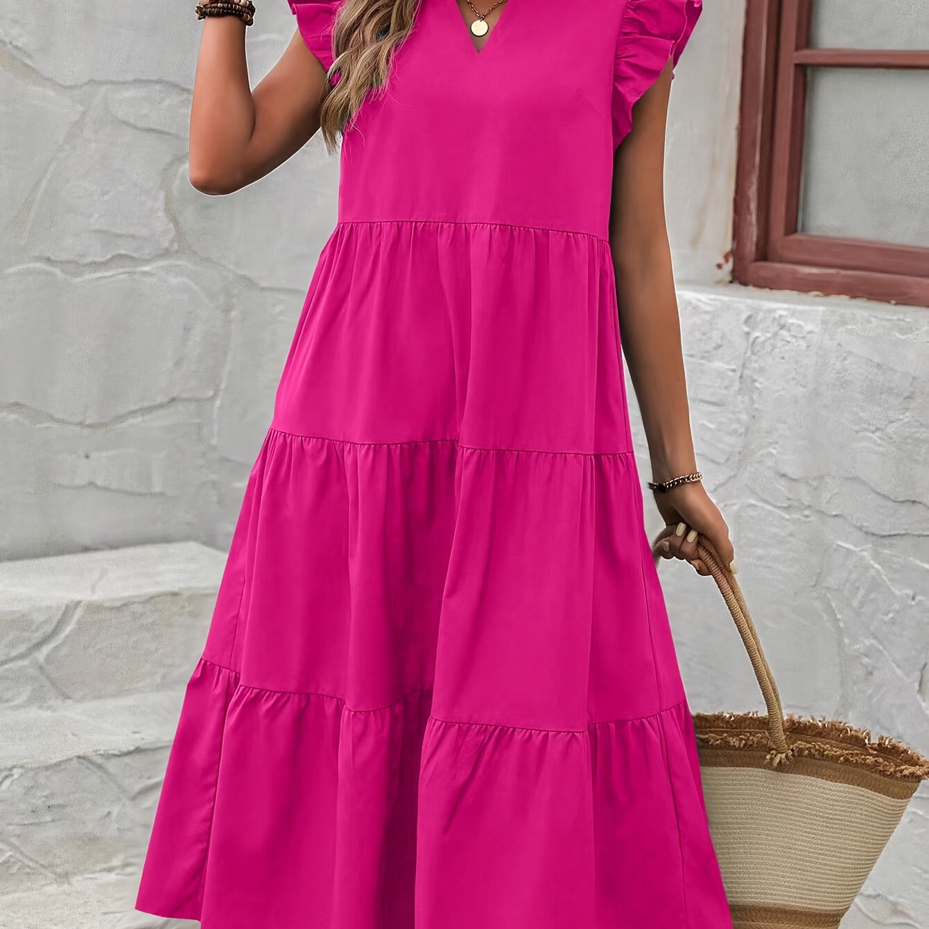 

Elegant Ruffle-trim V-neck Dress - Solid Color, Machine Washable, Polyester - All