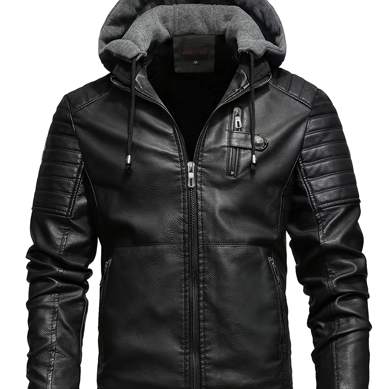 

Men's Hooded Leather Motorcycle Jacket - Windproof, Insulated, Stain & Sand Resistant Zip-up Biker Coat For Winter Riding, & Nighttime , Leather, Hunting