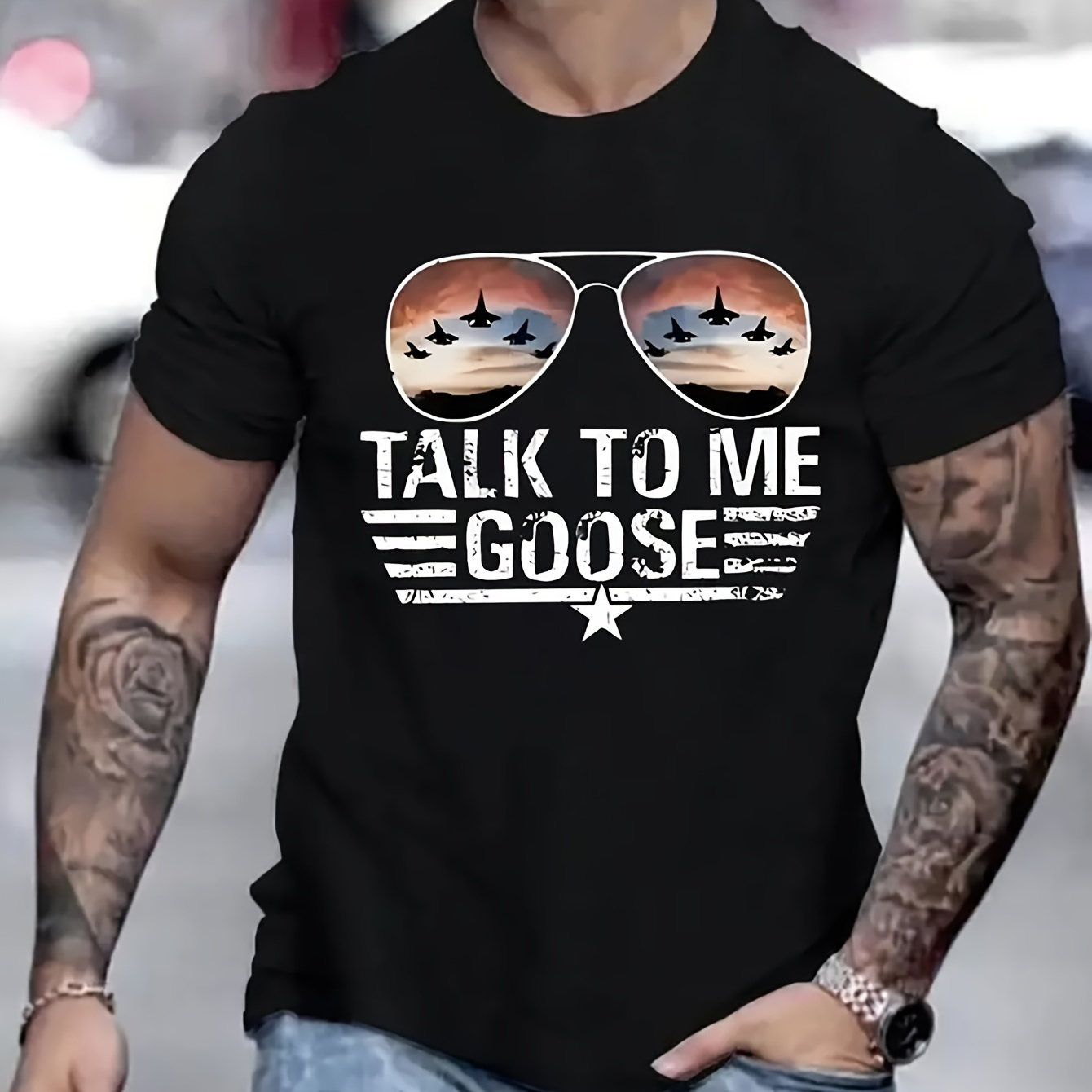 

talk To Me Goose" Alphabet Print Men's Crew Neck Short Sleeve Cotton T-shirt, Casual Summer T-shirt For Daily Wear And Vacation Resorts