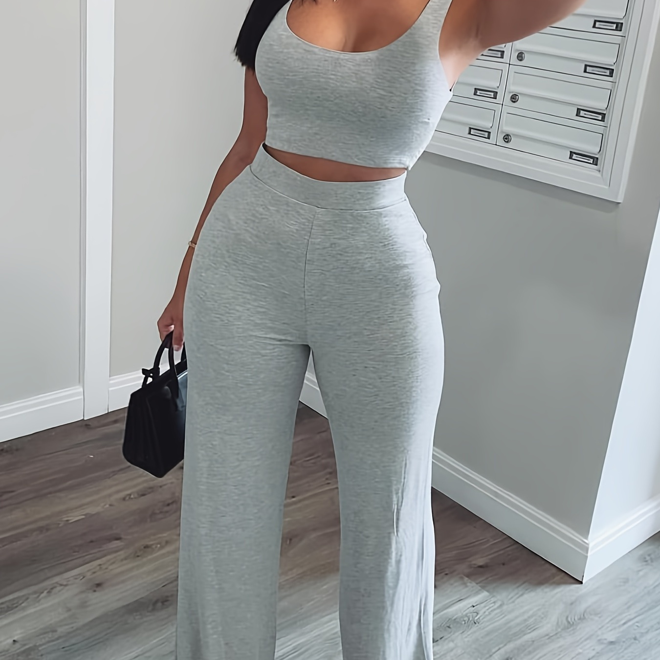 

Casual Workout 2 Pieces Set, Cropped Sleeveless Tank Top & High Waist Wide Leg Pants Outfits, Women's Clothing
