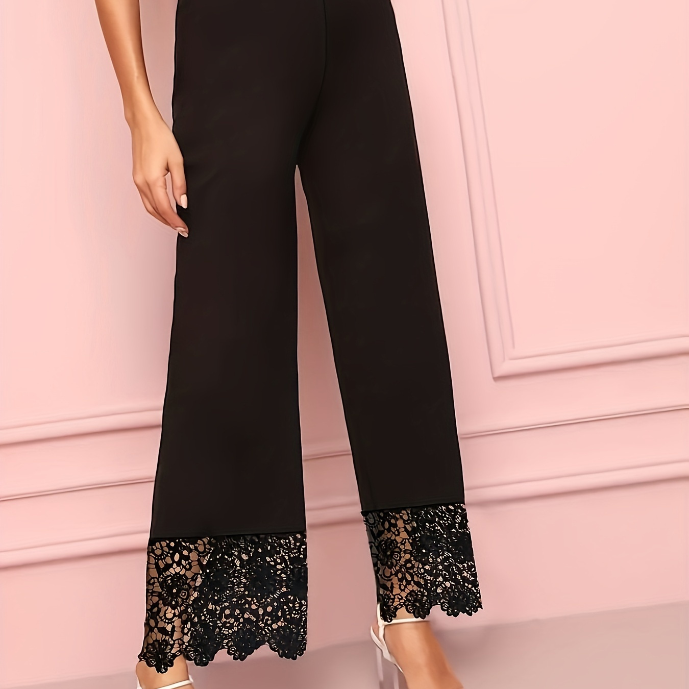 

Contrast Lace Wide Leg Pants, Elegant Floral Pattern Scallop Trim High Waist Solid Pants, Women's Clothing