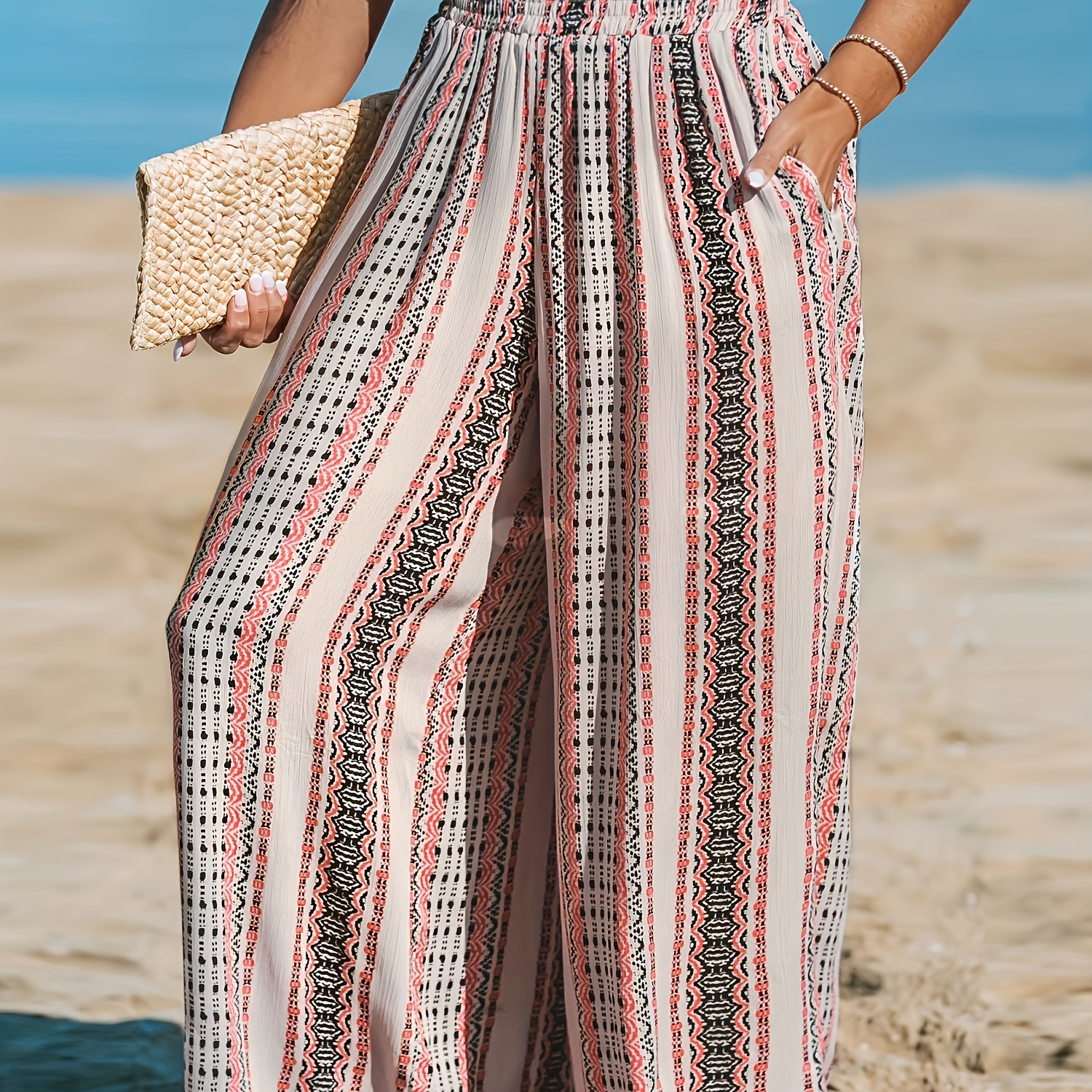 

Plus Size Stripe Print Wide Leg Pants, Casual Elastic Waist Pants For Spring & Summer, Women's Plus Size Clothing