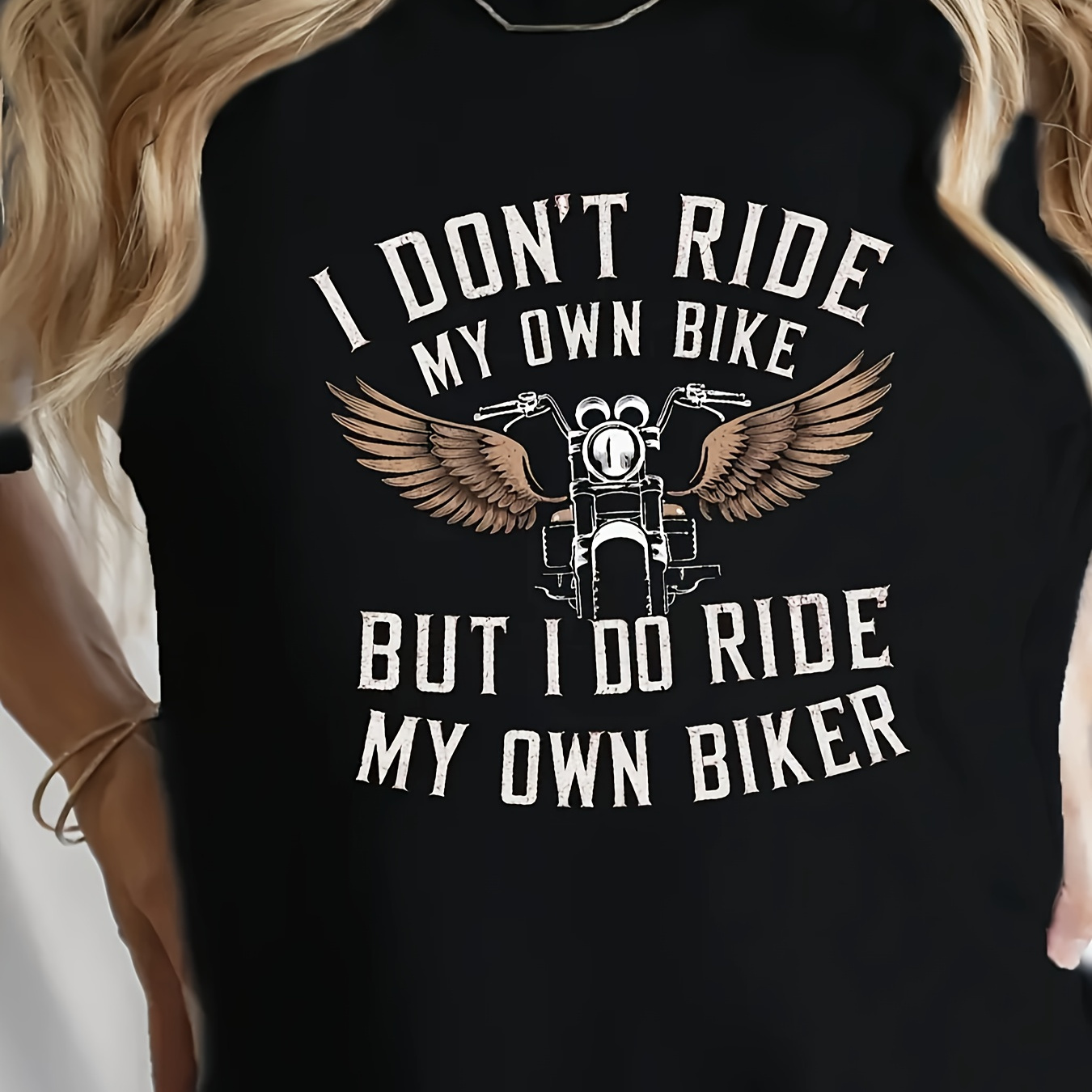 

Motorcycle Biker & Wings Print T-shirt, Casual Short Sleeve Crew Neck T-shirt For , Women's Clothing