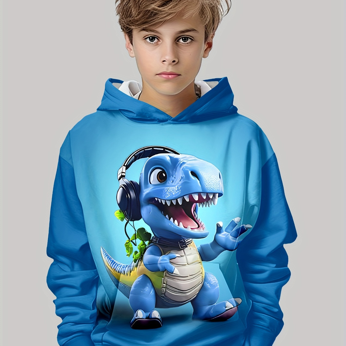 

Lovely Dinosaur With Headphone 3d Print Boys Long Sleeve Hoodie, Stay Stylish And Cozy Sweatshirt - Perfect Spring Fall Essential For Your Fashionista!