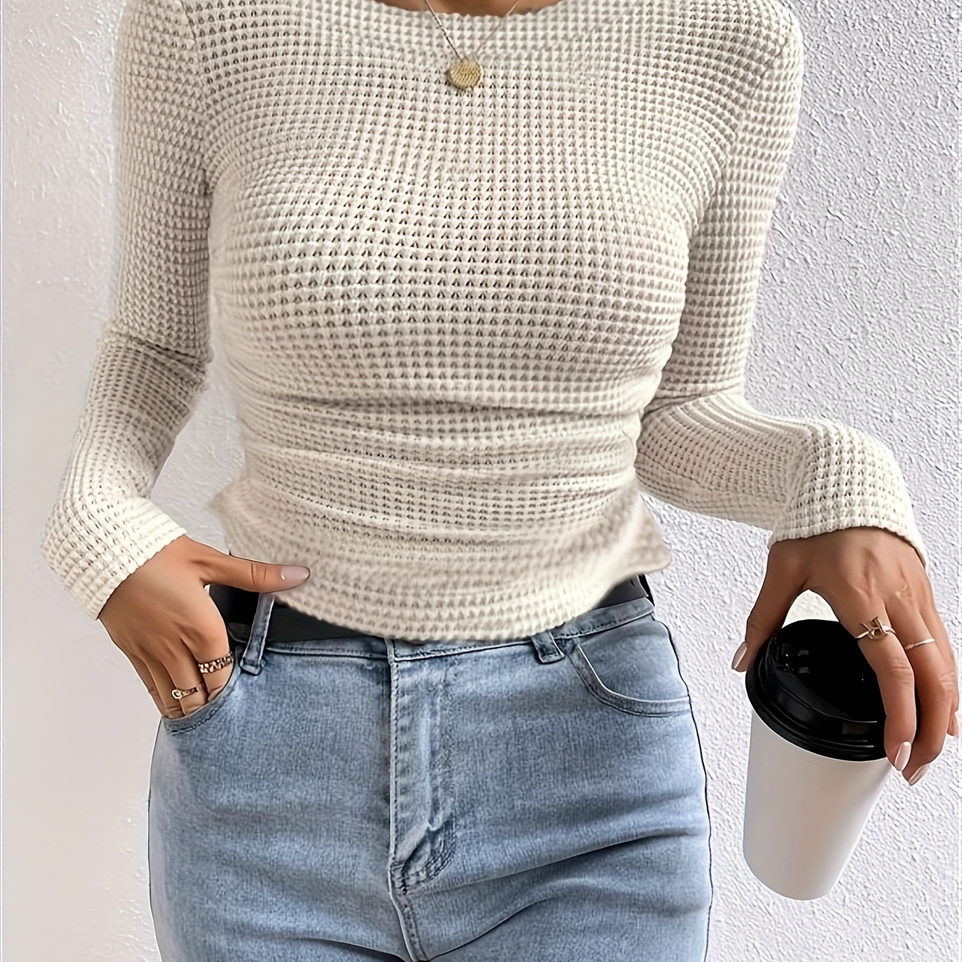 

Elegant Slimming Long-sleeve T-shirt For Women - Crew Neck, Ruched Detail, Semi-sheer Polyester , Spring & Fall