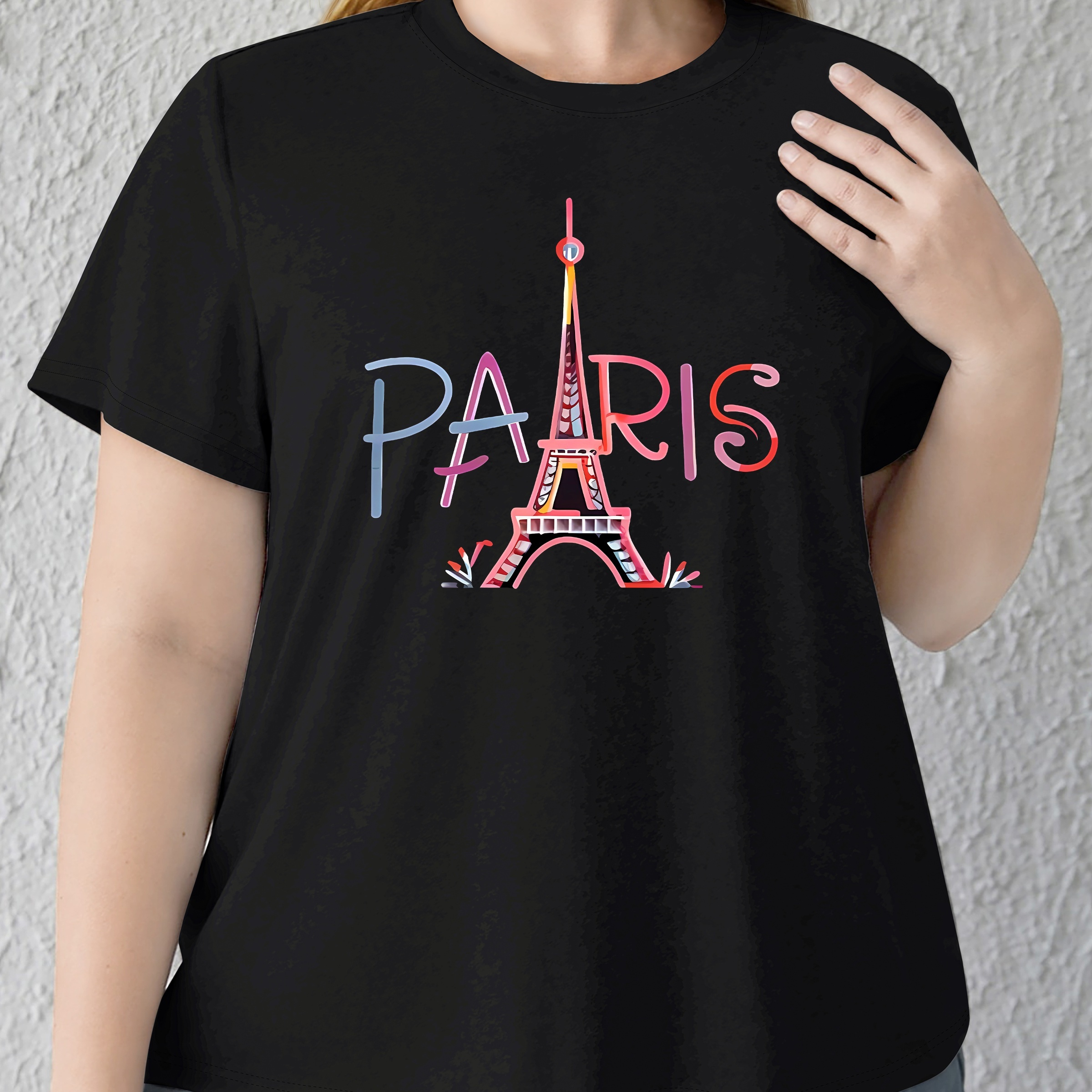 

Women's Plus Size Casual Sporty T-shirt, Paris Print, Fit Short Sleeve Tee, Fashion Breathable Casual Top