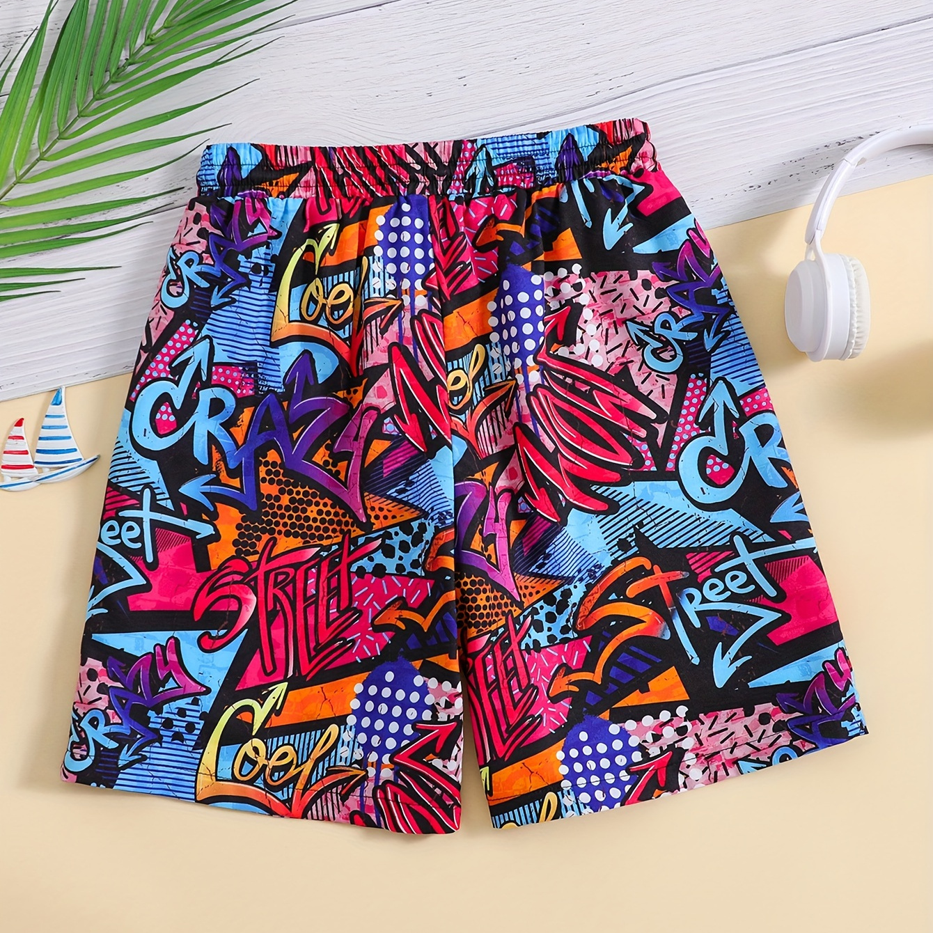 

Street Style Graffiti Pattern Swim Trunks For Boys, Elastic Waist Beach Shorts, Kid's Swimwear For Summer Vacation