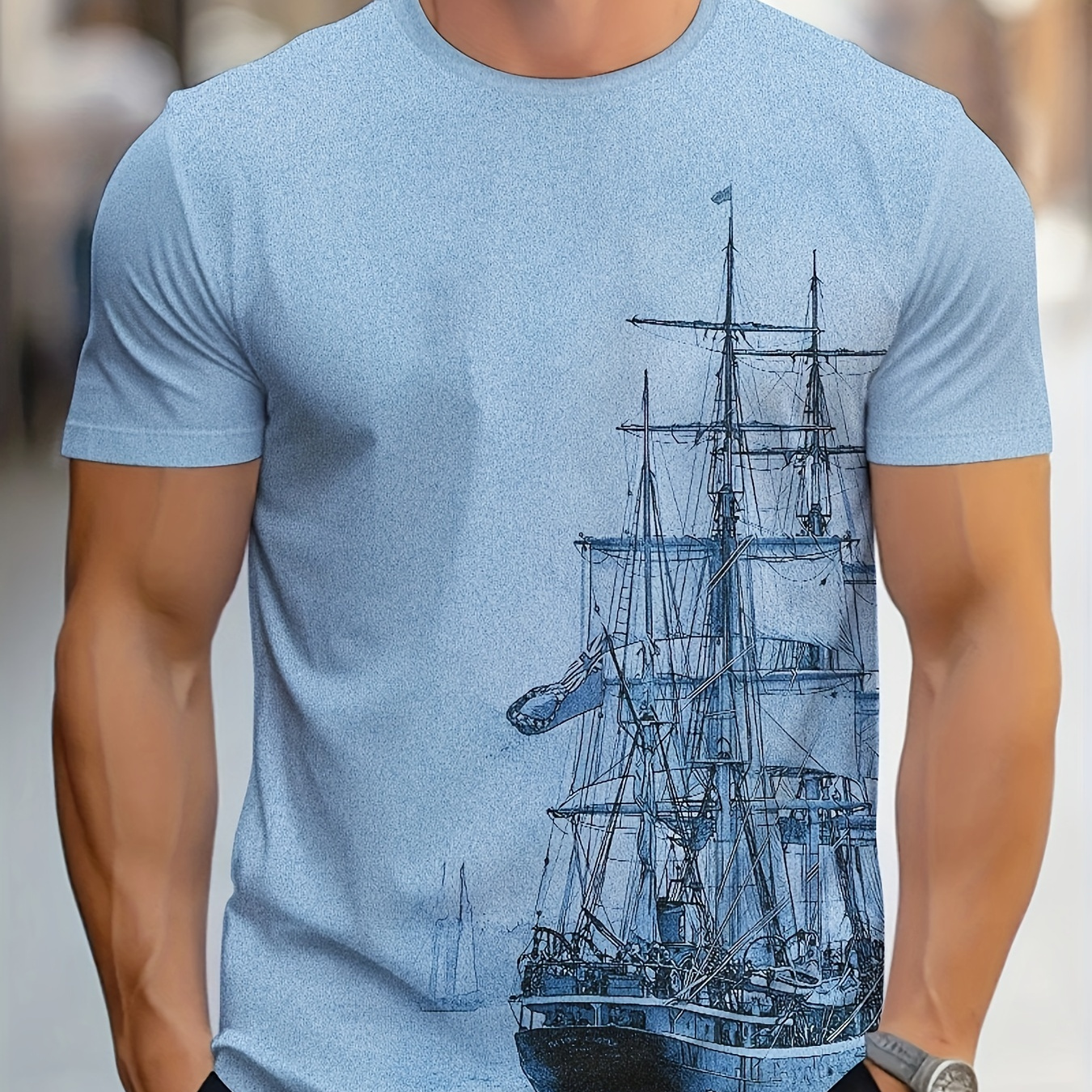 

Men's Boat Graphic Print T-shirt, Short Sleeve Crew Neck Tee, Men's Clothing For Summer Outdoor