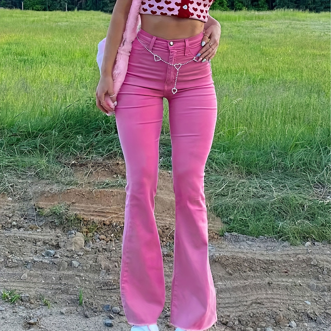 

Jean droit coupe botte taille haute rose à poche oblique, jean classique en denim à bouton ajusté, jeans et vêtements en denim pour femmes