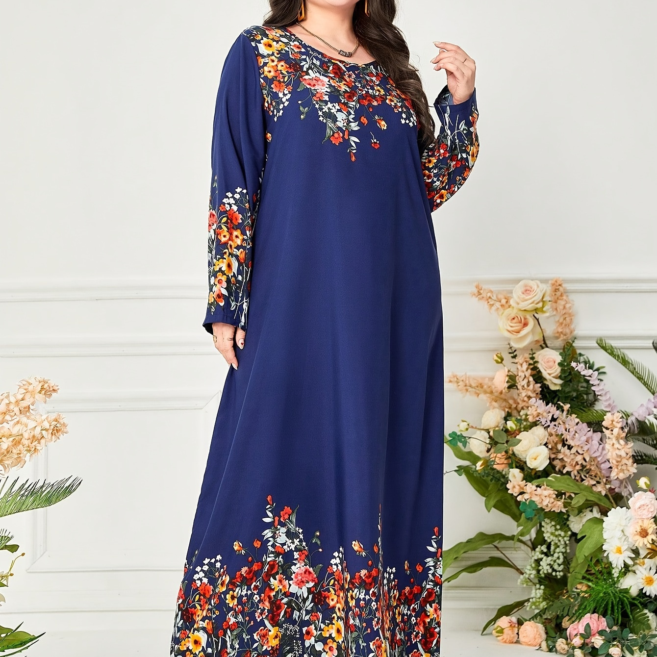 

Robe longue à manches longues avec imprimé floral grande taille, style vacances pour le printemps et l'été, vêtements grande taille pour femmes