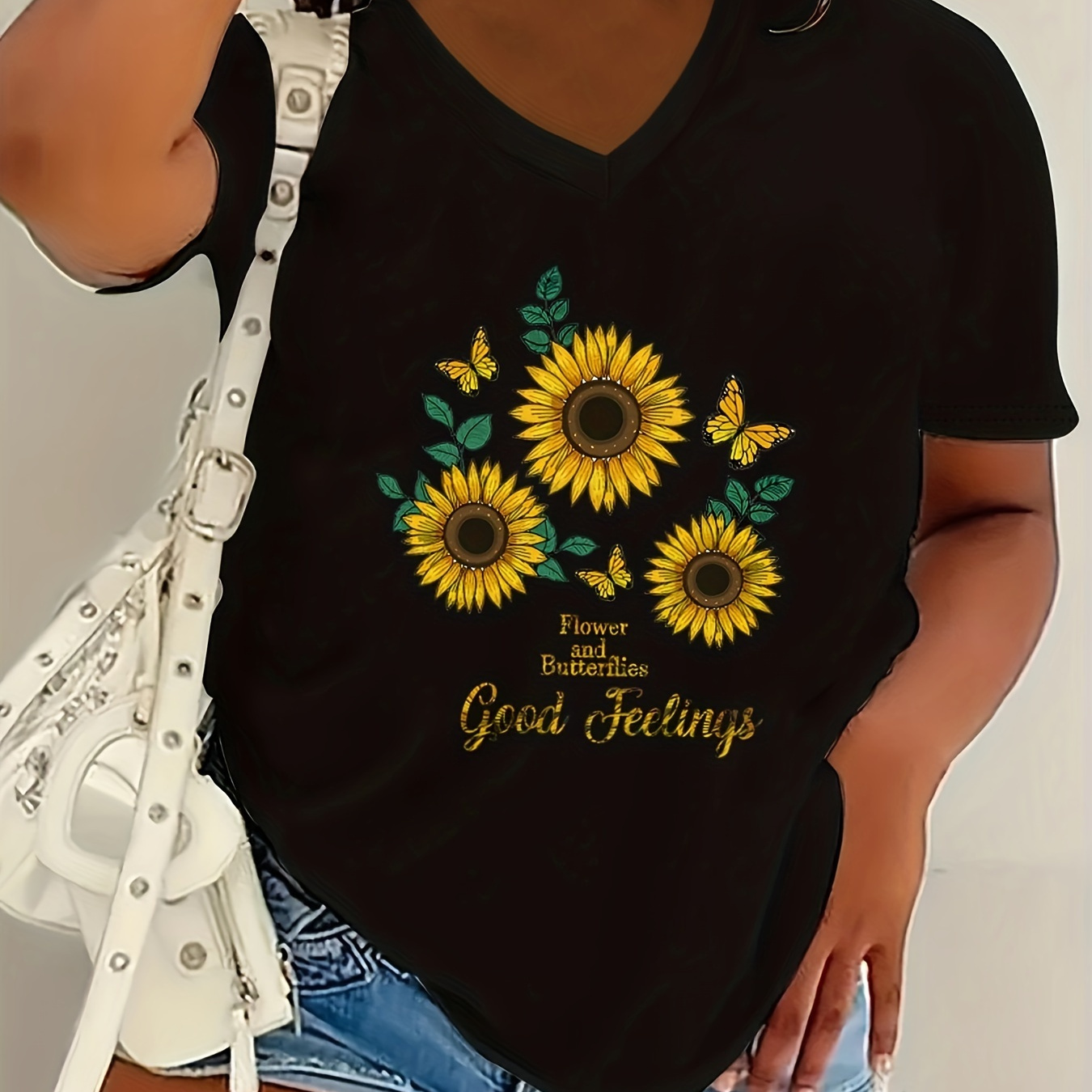 

Plus Size Floral Print T-shirt, Casual V Neck Short Sleeve T-shirt, Women's Plus Size clothing
