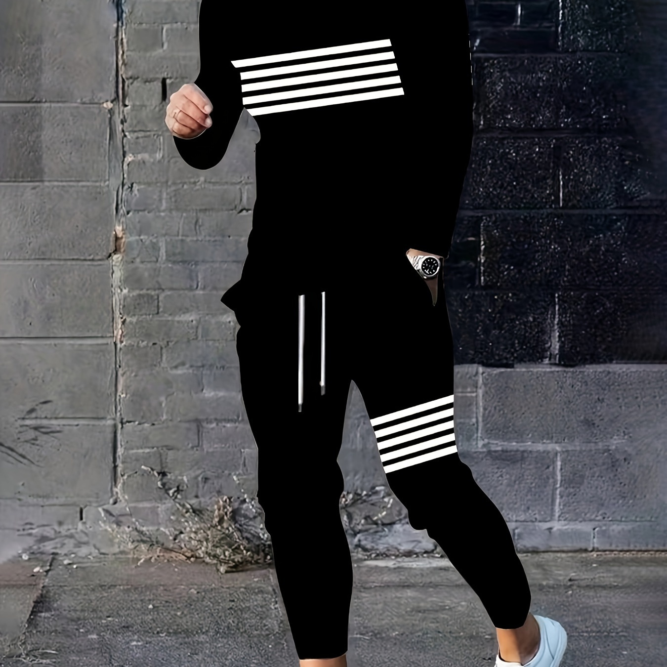 

Men's 2pcs Casual Streetwear Set, Black Striped Geometric-pattern Knit Polyester T-shirt And Drawstring Pants, Crew Neck, Regular Fit, Slight Stretch, For Daily & Weekend - Fall/